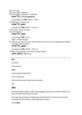 1b1) ser levado
1b2) ser levado (à sepultura)
1b3) ser trazido, ser guiado, ser conduzido
02987 ‫יבל‬ y ̂ebal (aramaico)
correspondente a 2986; DITAT - 2760; v
1) (Afel) trazer, carregar, levar
02988 ‫יב‬‫ל‬ yabal
procedente de 2986; DITAT - 835a; n m
1) um riacho, corrente de águas
1a) como irrigação
02989 ‫יבל‬ Yabal
o mesmo que 2988; n pr m
Jabal = “ribeiro de água”
1) o filho de Lameque com Ada e irmão de Jubal; descrito como o pai daqueles que habitam
em tendas e possuem gado
02990 ‫יבל‬ yabbel
procedente de 2986; DITAT - 835f; n m
1) ferida com corrimendo, corrimento, supurado, úlcera
02991 ‫יבלעם‬ Yibl ̂e ̀am
Hifil
ele contou
ele arremessou
Hofal
foi-lhe contado (contaram-lhe)
ele foi arremessado
Essa forma representa 0.6% dos verbos analisados.
Afel
Afel
No aramaico bíblico (caldeu), o Afel é uma conjugação causativa como o Hifil no hebraico, mas
com a letra Alef substituída pelo He inicial.
Exceto por outras mudanças ortográficas que também ocorrem, o verbo funciona de modo
semelhante ao Hifil no hebraico, expressando ação causativa.
Ver Hifil 8818
 