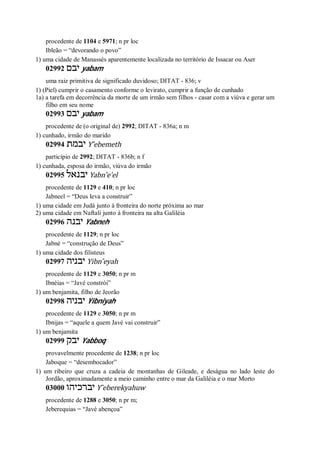 procedente de 1104 e 5971; n pr loc
Ibleão = “devorando o povo”
1) uma cidade de Manassés aparentemente localizada no território de Issacar ou Aser
02992 ‫יבם‬ yabam
uma raiz primitiva de significado duvidoso; DITAT - 836; v
1) (Piel) cumprir o casamento conforme o levirato, cumprir a função de cunhado
1a) a tarefa em decorrência da morte de um irmão sem filhos - casar com a viúva e gerar um
filho em seu nome
02993 ‫יבם‬ yabam
procedente de (o original de) 2992; DITAT - 836a; n m
1) cunhado, irmão do marido
02994 ‫יבמת‬ Y ̂ebemeth
particípio de 2992; DITAT - 836b; n f
1) cunhada, esposa do irmão, viúva do irmão
02995 ‫יבנאל‬ Yabn ̂e’el
procedente de 1129 e 410; n pr loc
Jabneel = “Deus leva a construir”
1) uma cidade em Judá junto à fronteira do norte próxima ao mar
2) uma cidade em Naftali junto à fronteira na alta Galiléia
02996 ‫יבנה‬ Yabneh
procedente de 1129; n pr loc
Jabné = “construção de Deus”
1) uma cidade dos filisteus
02997 ‫יבניה‬ Yibn ̂eyah
procedente de 1129 e 3050; n pr m
Ibnéias = “Javé constrói”
1) um benjamita, filho de Jeorão
02998 ‫יבניה‬ Yibniyah
procedente de 1129 e 3050; n pr m
Ibnijas = “aquele a quem Javé vai construir”
1) um benjamita
02999 ‫יבק‬ Yabboq
provavelmente procedente de 1238; n pr loc
Jaboque = “desembocador”
1) um ribeiro que cruza a cadeia de montanhas de Gileade, e deságua no lado leste do
Jordão, aproximadamente a meio caminho entre o mar da Galiléia e o mar Morto
03000 ‫יברכיהו‬ Y ̂eberekyahuw
procedente de 1288 e 3050; n pr m;
Jeberequias = “Javé abençoa”
 
