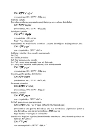03018 ‫יגיע‬ y ̂egiya ̀
procedente de 3021; DITAT - 842e; n m
1) labuta, trabalho
2) produto, produção, propriedade adquirida (como um resultado do trabalho)
03019 ‫יגיע‬ yagiya ̀
procedente de 3021; DITAT - 842d; adj
1) fatigado, cansado
03020 ‫יגלי‬ Yogliy
procedente de 1540; n pr m
Jogli = “ele está exilado”
1) um danita e pai de Buqui que foi um dos 12 líderes encarregados da conquista de Canaã
03021 ‫יגע‬ yaga ̀
uma raiz primitiva; DITAT - 842; v
1) labutar, trabalhar, ficar cansado, estar cansado
1a) (Qal)
1a1) labutar, trabalhar
1a2) ficar cansado, estar cansado
1b) (Piel) cansar, tornar cansado, levar a ir fatigando
1c) (Hifil) fazer trabalhar, tornar cansado, levar a ficar cansado
03022 ‫יגע‬ yaga ̀
procedente de 3021; DITAT - 842a; n m
1) salário, ganho (produto do trabalho)
03023 ‫יגע‬ yagea ̀
procedente de 3021; DITAT - 842b; adj
1) cansado, cansativo
03024 ‫יגעה‬ y ̂egi ̀ah
procedente de 3019; DITAT - 842c; n f
1) enfado, cansaço
03025 ‫יגר‬ yagor
uma raiz primitiva; DITAT - 843; v
1) (Qal) temer, recear, estar com medo
03026 ‫שהדותא‬ ‫יגר‬ Y ̂egar Sahaduwtha’ (aramaico)
procedente de uma palavra derivada de uma raiz não utilizada (significando juntar) e
uma derivado de uma raiz correspondente a 7717; n pr loc
Jegar-Saaduta = “elevação do testemunho”
1) a elevação de pedras erguida como testemunha entre Jacó e Labão, chamada por Jacó, em
hebraico, de ‘Galeede’
03027 ‫יד‬ yad
uma palavra primitiva; DITAT - 844; n f
 
