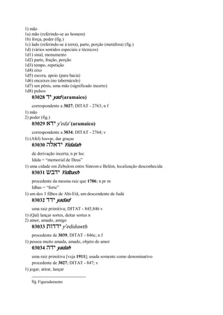 1) mão
1a) mão (referindo-se ao homem)
1b) força, poder (fig.)
1c) lado (referindo-se à terra), parte, porção (metáfora) (fig.)
1d) (vários sentidos especiais e técnicos)
1d1) sinal, monumento
1d2) parte, fração, porção
1d3) tempo, repetição
1d4) eixo
1d5) escora, apoio (para bacia)
1d6) encaixes (no tabernáculo)
1d7) um pênis, uma mão (significado incerto)
1d8) pulsos
03028 ‫יד‬ yad (aramaico)
correspondente a 3027; DITAT - 2763; n f
1) mão
2) poder (fig.)
03029 ‫ידא‬ y ̂eda’ (aramaico)
correspondente a 3034; DITAT - 2764; v
1) (Afel) louvar, dar graças
03030 ‫ידאלה‬ Yidalah
de derivação incerta; n pr loc
Idala = “memorial de Deus”
1) uma cidade em Zebulom entre Sinrom e Belém, localização desconhecida
03031 ‫ידבש‬ Yidbash
procedente da mesma raiz que 1706; n pr m
Idbas = “forte”
1) um dos 3 filhos de Abi-Etã, um descendente de Judá
03032 ‫ידד‬ yadad
uma raiz primitiva; DITAT - 845,846 v
1) (Qal) lançar sortes, deitar sortes n
2) amor, amado, amigo
03033 ‫ידדות‬ y ̂ediduwth
procedente de 3039; DITAT - 846c; n f
1) pessoa muito amada, amado, objeto de amor
03034 ‫ידה‬ yadah
uma raiz primitiva [veja 1911]; usada somente como denominativo
procedente de 3027; DITAT - 847; v
1) jogar, atirar, lançar
fig. Figuradamente
 