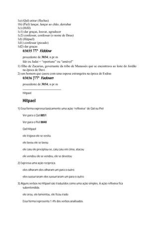 1a) (Qal) atirar (flechas)
1b) (Piel) lançar, lançar ao chão, derrubar
1c) (Hifil)
1c1) dar graças, louvar, agradecer
1c2) confessar, confessar (o nome de Deus)
1d) (Hitpael)
1d1) confessar (pecado)
1d2) dar graças
03035 ‫ידו‬ Yiddow
procedente de 3034; n pr m
Ido ou Jadai = “oportuno” ou “amável”
1) filho de Zacarias, governante da tribo de Manassés que se encontrava ao leste do Jordão
na época de Davi
2) um homem que casou com uma esposa estrangeira na época de Esdras
03036 ‫ידון‬ Yadown
procedente de 3034; n pr m
Hitpael
Hitpael
1) Essa forma expressa basicamente uma ação “reflexiva” de Qal ou Piel
Ver para o Qal 8851
Ver para o Piel 8840
Qal Hitpael
ele trajava ele se vestiu
ele lavou ele se lavou
ele caiu ele preciptou-se, caiu caiu em cima, atacou
ele vendeu ele se vendeu, ele se devotou
2) Expressa uma ação recíproca.
eles olharam eles olharam um para o outro
eles sussurraram eles sussurraram um para o outro
3) Alguns verbos no Hitpael são traduzidos como uma ação simples. A ação reflexiva fica
subentendida.
ele orou, ele lamentou, ele ficou irado
Essa forma representa 1.4% dos verbos analisados.
 