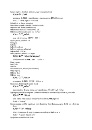 1a) um espírito familiar, feiticeiro, necromante (meton.)
03050 ‫יה‬ Yahh
contração de 3068, e significando o mesmo, grego 239 αλληλουια;
DITAT - 484b; n pr de divindade
1) Ja (Javé na forma reduzida)
1a) o nome próprio do único Deus verdadeiro
1b) usado em muitas combinações
1b1) nomes iniciados com as letras ‘Je’
1b2) nomes terminados com ‘ia’ ou ‘ias’
03051 ‫יהב‬ yahab
uma raiz primitiva; DITAT - 849; v
1) dar, prover, atribuir, vir
1a) (Qal)
1a1) dar
1a2) pôr, colocar
1a3) prover (com reflexivo)
1a4) atribuir (glória)
1a5) conceder, permitir, vir agora
03052 ‫יהב‬ y ̂ehab (aramaico)
correspondente a 3051; DITAT - 2766; v
1) dar, prover
1a) (Peal)
1a1) dar
1a2) estabelecer, lançar (fundamentos)
1b) (Hitpaal)
1b1) ser dado
1b2) ser pago
03053 ‫יהב‬ y ̂ehab
procedente de 3051; DITAT - 849a; n m
1) cuidado, fardo (aquilo que é dado)
03054 ‫יהד‬ yahad
denominativo de uma forma correspondente a 3061; DITAT - 850; v
1) (Hitpael) tornar-se um judeu (verdadeiramente ou numa fraude), tornar-se judaizado
03055 ‫יהד‬ Y ̂ehud
uma forma abreviada de uma correspondente a 3061; n pr loc
Jeúde = “beleza”
1) uma cidade em Dã, localizada entre Baalate e Benê-Beraque, cerca de 12 km a leste de
Jope
03056 ‫יהדי‬ Yehday
talvez procedente de uma forma correspondente a 3061; n pr m
Jadai = “a quem ele colocará”
1) alguém da família de Calebe
 