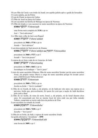 10) um filho de Careá e um irmão de Joanã; um capitão judaíta após a queda de Jerusalém
11) outro judaíta, pai de Pelete
12) pai de Ebede na época de Esdras
13) filho de Asael na época de Esdras
14) um sacerdote da família de Maluqui na época de Neemias
15) filho de Joiada e o seu sucessor no sumo sacerdócio na época de Neemias
03084 ‫יהוסף‬ Y ̂ehowceph
uma forma mais completa de 3130; n pr m
José = “Javé adicionou”
1) o filho mais velho de Jacó com Raquel
03085 ‫יהועדה‬ Y ̂ehow ̀addah
procedente de 3068 e 5710; n pr m
Jeoada = “Javé adornou”
1) um descendente de Saul através de Jônatas
03086 ‫יהועדין‬ Y ̂ehow ̀addiyn ou ‫יהועדן‬ Y ̂ehowaddan
procedente de 3068 e 5727; n pr f
Jeoadã = “Javé tem prazer”
1) esposa do rei Joás e mãe do rei Amazias, de Judá
03087 ‫יהוצדק‬ Y ̂ehowtsadaq
procedente de 3068 e 6663; n pr m
Jeozadaque ou Jozadaque = “Javé é justo”
1) neto do sumo sacerdote Hilquias; filho do sumo sacerdote Seraías; pai do sumo sacerdote
Josué; ele próprio nunca obteve o cargo de sumo sacerdote porque foi levado cativo
para a Babilônia por Nabucodonosor
03088 ‫יהורם‬ Y ̂ehowram
procedente de 3068 e 7311; n pr m
Jeorão ou Jorão = “Javé é exaltado”
1) filho do rei Josafá, de Judá, e, ele próprio, rei de Judá por oito anos; sua esposa era a
perversa Atalia que, provavelmente, foi quem fez com que a nação de Judá decidisse
pelo culto a Baal
2) filho do rei Acabe, do reino do norte, Israel, e, ele próprio, rei de Israel durante doze
anos; foi assassinado por Jeú no mesmo local de terra onde seu pai tinha matado
Nabote, cumprindo-se assim cada letra da profecia de Elias
3) um sacerdote no reinado de Josafá
03089 ‫יהושבע‬ Y ̂ehowsheba ̀
procedente de 3068 e 7650; n pr f
Jeoseba = “Javé jurou”
1) filha do rei Jorão, de Judá, e esposa do sumo sacerdote Joiada
1a) grafia alternativa ‘Jeosabeate’ - 3090
03090 ‫יהושבעת‬ Y ̂ehowshab ̀ath
uma forma de 3089; n pr f
 