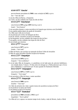 03109 ‫יוחא‬ Yowcha’
provavelmente procedente de 3068 e uma variação de 2421; n pr m
Joá = “Javé dá vida”
1) um dos filhos de Berias, o benjamita
2) o tizita, um dos soldados das tropas de elite de Davi
03110 ‫יוחנן‬ Yowchanan
uma forma de 3076, grego 2491 Ιοαννης; n pr m
Joanã = “Javé honrou”
1) um sacerdote durante o sumo-sacerdócio de Joaquim que retornou com Zorobabel
2) um capitão judaíta depois da queda de Jerusalém
3) o filho mais velho do rei Josias
4) um príncipe pós-exílico da linhagem de Davi
5) pai de Azarias, sacerdote na época de Salomão
6) um benjamita, um dos soldados das tropas de elite de Davi
7) um gadita, um dos soldados das tropas de elite de Davi
8) um exilado que retornou
03111 ‫יוידע‬ Yowyada ̀
uma forma de 3077; n pr m
Joiada = “Javé sabe”
1) filho de Paséia, que auxiliou na reparação da Porta Velha de Jerusalém
2) filho do sumo-sacerdote Eliasibe na época de Neemias
03112 ‫יויכין‬ Yowyakiyn
uma forma de 3078; n pr m
Joaquim = “Javé estabelece”
1) rei de Judá, filho de Jeoaquim, e o penúltimo rei de Judá antes do cativeiro babilônico;
seu reinado durou 3 meses e 10 dias antes de entregar-se a Nabucodonosor que o levou
para a Babilônia e o aprisionou por 36 anos quando foi finalmente libertado
03113 ‫יויקים‬ Yowyaqiym
uma forma de 3079, cf. 3137; n pr m
Joiaquim = “Javé ergue”
1) um sacerdote e filho de Jesua, o sumo sacerdote
03114 ‫יויריב‬ Yowyariyb
uma forma de 3080; n pr m
Joiaribe = “Javé luta”
1) o líder do primeiro dos vinte e quatro turnos de sacerdotes na época de Davi
2) um professor na época de Esdras
3) um judaíta na época de Neemias
03115 ‫יוכבד‬ Yowkebed
procedente de 3068 contraído e 3513; n pr f
Joquebede = “Javé é glória”
1) a filha de Levi, esposa e ao mesmo tempo tia de Anrão, e mãe de Moisés, Aarão e Miriã
 