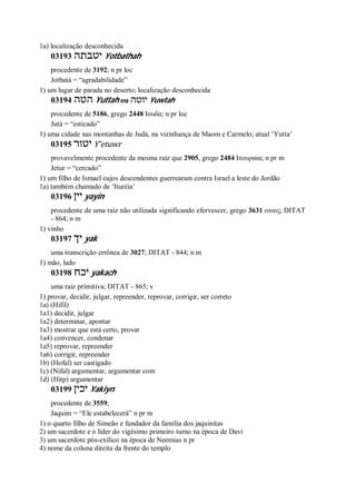 1a) localização desconhecida
03193 ‫יטבתה‬ Yotbathah
procedente de 3192; n pr loc
Jotbatá = “agradabilidade”
1) um lugar de parada no deserto; localização desconhecida
03194 ‫הטה‬ Yuttah ou ‫יוטה‬ Yuwtah
procedente de 5186, grego 2448 Ιουδα; n pr loc
Jutá = “esticado”
1) uma cidade nas montanhas de Judá, na vizinhança de Maom e Carmelo; atual ‘Yutta’
03195 ‫יטור‬ Y ̂etuwr
provavelmente procedente da mesma raiz que 2905, grego 2484 Ιτουραια; n pr m
Jetur = “cercado”
1) um filho de Ismael cujos descendentes guerrearam contra Israel a leste do Jordão
1a) também chamado de ‘Ituréia’
03196 ‫יין‬ yayin
procedente de uma raiz não utilizada significando efervescer, grego 3631 οινος; DITAT
- 864; n m
1) vinho
03197 ‫יך‬ yak
uma transcrição errônea de 3027; DITAT - 844; n m
1) mão, lado
03198 ‫יכח‬ yakach
uma raiz primitiva; DITAT - 865; v
1) provar, decidir, julgar, repreender, reprovar, corrigir, ser correto
1a) (Hifil)
1a1) decidir, julgar
1a2) determinar, apontar
1a3) mostrar que está certo, provar
1a4) convencer, condenar
1a5) reprovar, repreender
1a6) corrigir, repreender
1b) (Hofal) ser castigado
1c) (Nifal) argumentar, argumentar com
1d) (Hitp) argumentar
03199 ‫יכין‬ Yakiyn
procedente de 3559;
Jaquim = “Ele estabelecerá” n pr m
1) o quarto filho de Simeão e fundador da família dos jaquinitas
2) um sacerdote e o líder do vigésimo primeiro turno na época de Davi
3) um sacerdote pós-exílico na época de Neemias n pr
4) nome da coluna direita da frente do templo
 