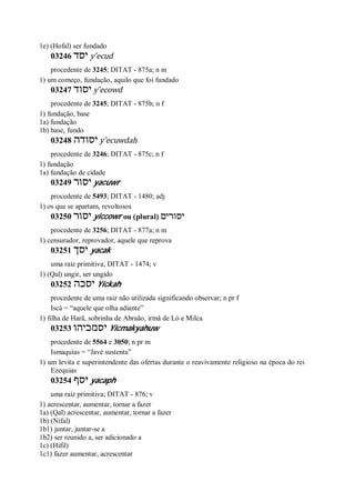 1e) (Hofal) ser fundado
03246 ‫יסד‬ y ̂ecud
procedente de 3245; DITAT - 875a; n m
1) um começo, fundação, aquilo que foi fundado
03247 ‫יסוד‬ y ̂ecowd
procedente de 3245; DITAT - 875b; n f
1) fundação, base
1a) fundação
1b) base, fundo
03248 ‫יסודה‬ y ̂ecuwdah
procedente de 3246; DITAT - 875c; n f
1) fundação
1a) fundação de cidade
03249 ‫יסור‬ yacuwr
procedente de 5493; DITAT - 1480; adj
1) os que se apartam, revoltosos
03250 ‫יסור‬ yiccowr ou (plural) ‫יסורים‬
procedente de 3256; DITAT - 877a; n m
1) censurador, reprovador, aquele que reprova
03251 ‫יסך‬ yacak
uma raiz primitiva; DITAT - 1474; v
1) (Qal) ungir, ser ungido
03252 ‫יסכה‬ Yickah
procedente de uma raiz não utilizada significando observar; n pr f
Iscá = “aquele que olha adiante”
1) filha de Harã, sobrinha de Abraão, irmã de Ló e Milca
03253 ‫יסמכיהו‬ Yicmakyahuw
procedente de 5564 e 3050; n pr m
Ismaquias = “Javé sustenta”
1) um levita e superintendente das ofertas durante o reavivamente religioso na época do rei
Ezequias
03254 ‫יסף‬ yacaph
uma raiz primitiva; DITAT - 876; v
1) acrescentar, aumentar, tornar a fazer
1a) (Qal) acrescentar, aumentar, tornar a fazer
1b) (Nifal)
1b1) juntar, juntar-se a
1b2) ser reunido a, ser adicionado a
1c) (Hifil)
1c1) fazer aumentar, acrescentar
 