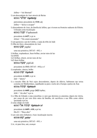 Jaflete = “ele libertará”
1) um descendente de Aser através de Berias
03311 ‫יפלטי‬ Yaphletiy
patronímico procedente de 3310; adj
Jaflete = “deixe-o escapar”
1) descendentes de Aser, da família de Jaflete, que viveram na fronteira sudoeste de Efraim.
Utilizada como localização
03312 ‫יפנה‬ Y ̂ephunneh
procedente de 6437; n pr m
Jefoné = “Ele estará encarando”
1) um quenezeu e pai de Calebe, o espia da tribo de Judá
2) filho de Jéter e descendente de Aser
03313 ‫יפע‬ yapha ̀
uma raiz primitiva; DITAT - 892; v
1) brilhar, resplandecer, fazer brilhar, enviar raios de luz
1a) (Hifil)
1a1) brilhar, reluzir, enviar raios de luz
1a2) fazer brilhar
03314 ‫יפעה‬ yiph ̀ah
procedente de 3313; DITAT - 892a; n f
1) resplendor, clareza, brilho
03315 ‫יפת‬ Yepheth
procedente de 6601; n pr m
Jafé = “aberto”
1) o terceito filho de Noé cujos descendentes, depois do dilúvio, habitaram nas terras
costeiras do Mediterrâneo, espalhando-se para o norte até a Europa e partes da Ásia
03316 ‫יפתח‬ Yiphtach
procedente de 6605, grego 2422 Ιεφθαε;
Jefté = “ele abre” n pr m
1) o filho de Gileade e uma concubina e o juiz que derrotou os amonitas; depois da vitória,
por causa de um voto feito antes da batalha, ele sacrificou a sua filha como oferta
queimada n pr loc
2) uma cidade em Judá
03317 ‫אל‬ ‫יפתח‬ Yiphtach-’el
procedente de 6605 e 410; n pr loc
Ifta-El = “Deus abre”
1) um vale entre Zebulom e Aser; localização incerta
03318 ‫יצא‬ yatsa’
uma raiz primitiva; DITAT - 893; v
1) ir, vir para fora, sair, avançar
 