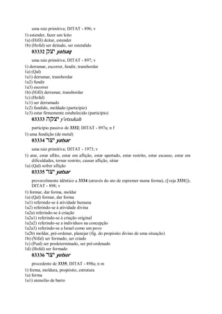 uma raiz primitiva; DITAT - 896; v
1) estender, fazer um leito
1a) (Hifil) deitar, estender
1b) (Hofal) ser deitado, ser estendido
03332 ‫יצק‬ yatsaq
uma raiz primitiva; DITAT - 897; v
1) derramar, escorrer, fundir, transbordar
1a) (Qal)
1a1) derramar, transbordar
1a2) fundir
1a3) escorrer
1b) (Hifil) derramar, transbordar
1c) (Hofal)
1c1) ser derramado
1c2) fundido, moldado (particípio)
1c3) estar firmemente estabelecido (particípio)
03333 ‫יצקה‬ y ̂etsukah
particípio passivo de 3332; DITAT - 897a; n f
1) uma fundição (de metal)
03334 ‫יצר‬ yatsar
uma raiz primitiva; DITAT - 1973; v
1) atar, estar aflito, estar em aflição, estar apertado, estar restrito, estar escasso, estar em
dificuldades, tornar restrito, causar aflição, sitiar
1a) (Qal) sofrer aflição
03335 ‫יצר‬ yatsar
provavelmente idêntico a 3334 (através do ato de espremer numa forma), ([veja 3331]);
DITAT - 898; v
1) formar, dar forma, moldar
1a) (Qal) formar, dar forma
1a1) referindo-se à atividade humana
1a2) referindo-se à atividade divina
1a2a) referindo-se à criação
1a2a1) referindo-se à criação original
1a2a2) referindo-se a indivíduos na concepção
1a2a3) referindo-se a Israel como um povo
1a2b) moldar, pré-ordenar, planejar (fig. do propósito divino de uma situação)
1b) (Nifal) ser formado, ser criado
1c) (Pual) ser predeterminado, ser pré-ordenado
1d) (Hofal) ser formado
03336 ‫יצר‬ yetser
procedente de 3335; DITAT - 898a; n m
1) forma, moldura, propósito, estrutura
1a) forma
1a1) utensílio de barro
 
