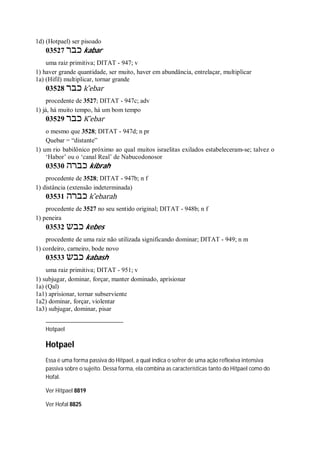 1d) (Hotpael) ser pisoado
03527 ‫כבר‬ kabar
uma raiz primitiva; DITAT - 947; v
1) haver grande quantidade, ser muito, haver em abundância, entrelaçar, multiplicar
1a) (Hifil) multiplicar, tornar grande
03528 ‫כבר‬ k ̂ebar
procedente de 3527; DITAT - 947c; adv
1) já, há muito tempo, há um bom tempo
03529 ‫כבר‬ K ̂ebar
o mesmo que 3528; DITAT - 947d; n pr
Quebar = “distante”
1) um rio babilônico próximo ao qual muitos israelitas exilados estabeleceram-se; talvez o
‘Habor’ ou o ‘canal Real’ de Nabucodonosor
03530 ‫כברה‬ kibrah
procedente de 3528; DITAT - 947b; n f
1) distância (extensão indeterminada)
03531 ‫כברה‬ k ̂ebarah
procedente de 3527 no seu sentido original; DITAT - 948b; n f
1) peneira
03532 ‫כבש‬ kebes
procedente de uma raiz não utilizada significando dominar; DITAT - 949; n m
1) cordeiro, carneiro, bode novo
03533 ‫כבש‬ kabash
uma raiz primitiva; DITAT - 951; v
1) subjugar, dominar, forçar, manter dominado, aprisionar
1a) (Qal)
1a1) aprisionar, tornar subserviente
1a2) dominar, forçar, violentar
1a3) subjugar, dominar, pisar
Hotpael
Hotpael
Essa é uma forma passiva do Hitpael, a qual indica o sofrer de uma ação reflexiva intensiva
passiva sobre o sujeito. Dessa forma, ela combina as características tanto do Hitpael como do
Hofal.
Ver Hitpael 8819
Ver Hofal 8825
 