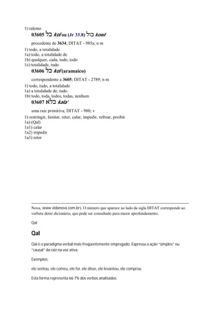 1) talento
03605 ‫כל‬ kol ou (Jr 33.8) ‫כול‬ kowl
procedente de 3634; DITAT - 985a; n m
1) todo, a totalidade
1a) todo, a totalidade de
1b) qualquer, cada, tudo, todo
1c) totalidade, tudo
03606 ‫כל‬ kol (aramaico)
correspondente a 3605; DITAT - 2789; n m
1) todo, tudo, a totalidade
1a) a totalidade de, tudo
1b) todo, toda, todos, todas, nenhum
03607 ‫כלא‬ kala’
uma raiz primitiva; DITAT - 980; v
1) restringir, limitar, reter, calar, impedir, refrear, proibir
1a) (Qal)
1a1) calar
1a2) impedir
1a3) reter
Nova, www.vidanova.com.br). O número que aparece ao lado da sigla DITAT corresponde ao
verbete deste dicionário, que pode ser consultado para maior aprofundamento.
Qal
Qal
Qal é o paradigma verbal mais freqüentemente empregado. Expressa a ação “simples” ou
“causal” da raiz na voz ativa.
Exemplos:
ele sentou, ele comeu, ele foi, ele disse, ele levantou, ele comprou
Esta forma representa 66.7% dos verbos analisados.
 