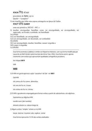 03636 ‫כלל‬ K ̂elal
procedente de 3634; n pr m
Quelal = “completo”
1) um israelita que tinha uma esposa estrangeira na época de Esdras
03637 ‫כלם‬ kalam
uma raiz primitiva; DITAT - 987; v
1) insultar, envergonhar, humilhar, corar, ser envergonhado, ser envergonhado, ser
reprovado, ser levado a confusão, ser humilhado
1a) (Nifal)
1a1) ser humilhado, ser envergonhado
1a2) ser envergonhado, ser desonrado, ser confundido
1b) (Hifil)
1b1) ser envergonhado, insultar, humilhar, causar vergonha a
1b2) expor à vergonha
1c) (Hofal)
Essa forma aramaica (caldéia) é similar ao Hitpael no hebraico, com sua forma modificada por
causa de um Alef inicial e pela inversão das letras Taw e Shin. Essa forma ocorre apenas
raramente com verbos que apresentam qualidades ortográficas peculiares.
Ver Hitpael 8819
Hifil
Hifil
1) O Hifil em geral expressa a ação “causativa” do Qal - ver 8851
Qal Hifil
ele comeu ele fez comer, alimentou
ele veio ele fez vir, trouxe
ele reinou ele fez rei, coroou
2) O Hifil é geralmente empregado para formar verbos a partir de substantivos e de adjetivos.
Substantivo ou Adjetivo Hifil
ouvido ouvir (dar ouvidos)
distante afastar-se, colocar longe de
3) Alguns verbos “simples” acham-se no Hifil.
lançar, destruir, levantar cedo, explicar, contar
Essa forma representa 13.3% dos verbos analisados.
 