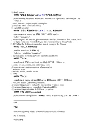 1b) (Pael) amarrar
03730 ‫כפתר‬ kaphtor ou (Am 9.1) ‫כפתור‬ kaphtowr
provavelmente procedente de uma raiz não utilizada significando circundar; DITAT -
1029; n m
1) esfera, maçaneta, capitel, capitel de um pilar
1a) maçaneta, esfera (como ornamento)
1b) capitél (de um pilar)
03731 ‫כפתר‬ Kaphtor ou (Am 9.7) ‫כפתור‬ Kaphtowr
aparentemente o mesmo que 3730; DITAT - 1028; n pr loc
Caftor = “uma coroa”
1) o nome original dos filisteus, presumivelmente na costa sudoeste da Ásia Menor, talvez
no Egito ou nas suas proximidades, ou mais provavelmente na ilha de Creta
2) (DITAT) a ilha de Creta, terra natal ou área de passagem dos filisteus
03732 ‫כפתרי‬ Kaphtoriy
gentílico procedente de 3731; adj
Caftorim = veja Caftor “uma coroa”
1) cretenses como habitantes de Caftor e distintos dos filisteus
03733 ‫כר‬ kar
procedente de 3769 no sentido de obesidade; DITAT - 1046a; n m
1) assento coberto, assento, sela em forma de cesto
1a) um espaço para guiar montado na sela de camelos
2) pastagem, prado
3) cordeiro, ovelha, carneiro macho
4) aríete
03734 ‫כר‬ kor
procedente da mesma raiz que 3564, grego 2884 κορος; DITAT - 1031; n m
1) coro, uma medida (geralmente para secos)
1a) uma medida para secos ou líquidos equivalente a 10 efas ou batos
1a1) uma medida para secos contendo 6.25 alqueires (220 l)
1a2) uma medida para líquidos de 263 litros (58 galões)
03735 ‫כרא‬ Kara’ (aramaico)
provavelmente correspondente a 3738 no sentido de perfurar (fig.); DITAT - 2799; v
Pael
Pael
No aramaico (caldeu), essa é a forma intensiva do verbo, equivalente ao
Piel no hebraico.
Ver Piel 8840
 