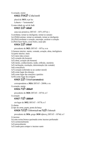 1) coração, mente
03822 ‫לבאות‬ L ̂eba’owth
plural de 3833; n pr loc
Lebaote = “testemunha”
1) uma cidade no sul de Judá
03823 ‫לבב‬ labab
uma raiz primitiva; DITAT - 1071,1071d; v
1) arrebatar, tornar-se inteligente, tornar-se sensato
1a) (Nifal) animar, tornar-se animado, tornar-se inteligente
1b) (Piel) arrebatar o coração, encorajar, acelerar o coração
2) (Piel) fazer bolos, cozer bolos, assar pão
03824 ‫לבב‬ lebab
procedente de 3823; DITAT - 1071a; n m
1) homem interior, mente, vontade, coração, alma, inteligência
1a) parte interior, meio
1a1) meio (das coisas)
1a2) coração (do homem)
1a3) alma, coração (do homem)
1a4) mente, conhecimento, razão, reflexão, memória
1a5) inclinação, resolução, determinação (da vontade)
1a6) consciência
1a7) coração (referindo-se ao caráter moral)
1a8) como lugar dos desejos
1a9) como lugar das emoções e paixões
1a10) como lugar da coragem
03825 ‫לבב‬ l ̂ebab (aramaico)
correspondente a 3824; DITAT - 2809b; n m
1) coração, mente
03826 ‫לבה‬ libbah
procedente de 3820; DITAT - 1071b; n f
1) coração
03827 ‫לבה‬ labbah
em lugar de 3852; DITAT - 1077b; n f
1) chama
2) tipo de arma, ponta, ponta da lança
03828 ‫לבונה‬ l ̂ebownah ou ‫לבנה‬ l ̂ebonah
procedente de 3836, grego 3030 λιβανος; DITAT - 1074d; n f
1) incenso
1a) uma resina branca queimada como incenso perfumado
1a1) cerimonialmente
1a2) pessoalmente
1a3) usado para compor o incenso santo
 