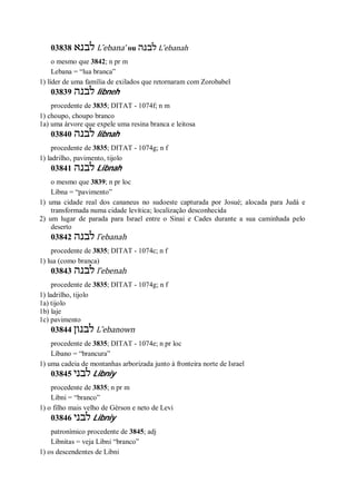 03838 ‫לבנא‬ L ̂ebana’ ou ‫לבנה‬ L ̂ebanah
o mesmo que 3842; n pr m
Lebana = “lua branca”
1) líder de uma família de exilados que retornaram com Zorobabel
03839 ‫לבנה‬ libneh
procedente de 3835; DITAT - 1074f; n m
1) choupo, choupo branco
1a) uma árvore que expele uma resina branca e leitosa
03840 ‫לבנה‬ libnah
procedente de 3835; DITAT - 1074g; n f
1) ladrilho, pavimento, tijolo
03841 ‫לבנה‬ Libnah
o mesmo que 3839; n pr loc
Libna = “pavimento”
1) uma cidade real dos cananeus no sudoeste capturada por Josué; alocada para Judá e
transformada numa cidade levítica; localização desconhecida
2) um lugar de parada para Israel entre o Sinai e Cades durante a sua caminhada pelo
deserto
03842 ‫לבנה‬ l ̂ebanah
procedente de 3835; DITAT - 1074c; n f
1) lua (como branca)
03843 ‫לבנה‬ l ̂ebenah
procedente de 3835; DITAT - 1074g; n f
1) ladrilho, tijolo
1a) tijolo
1b) laje
1c) pavimento
03844 ‫לבנון‬ L ̂ebanown
procedente de 3835; DITAT - 1074e; n pr loc
Líbano = “brancura”
1) uma cadeia de montanhas arborizada junto à fronteira norte de Israel
03845 ‫לבני‬ Libniy
procedente de 3835; n pr m
Libni = “branco”
1) o filho mais velho de Gérson e neto de Levi
03846 ‫לבני‬ Libniy
patronímico procedente de 3845; adj
Libnitas = veja Libni “branco”
1) os descendentes de Libni
 