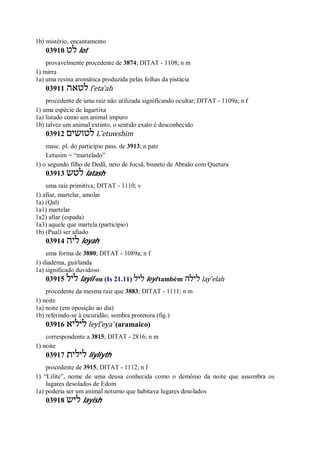 1b) mistério, encantamento
03910 ‫לט‬ lot
provavelmente procedente de 3874; DITAT - 1108; n m
1) mirra
1a) uma resina aromática produzida pelas folhas da pistácia
03911 ‫לטאה‬ l ̂eta’ah
procedente de uma raiz não utilizada significando ocultar; DITAT - 1109a; n f
1) uma espécie de lagartixa
1a) listado como um animal impuro
1b) talvez um animal extinto, o sentido exato é desconhecido
03912 ‫לטושים‬ L ̂etuwshim
masc. pl. do particípio pass. de 3913; n patr
Letusim = “martelado”
1) o segundo filho de Dedã, neto de Jocsã, bisneto de Abraão com Quetura
03913 ‫לטש‬ latash
uma raiz primitiva; DITAT - 1110; v
1) afiar, martelar, amolar
1a) (Qal)
1a1) martelar
1a2) afiar (espada)
1a3) aquele que martela (particípio)
1b) (Pual) ser afiado
03914 ‫ליה‬ loyah
uma forma de 3880; DITAT - 1089a; n f
1) diadema, guirlanda
1a) significado duvidoso
03915 ‫ליל‬ layil ou (Is 21.11) ‫ליל‬ leyl também ‫לילה‬ lay ̂elah
procedente da mesma raiz que 3883; DITAT - 1111; n m
1) noite
1a) noite (em oposição ao dia)
1b) referindo-se à escuridão, sombra protetora (fig.)
03916 ‫ליליא‬ leyl ̂eya’ (aramaico)
correspondente a 3815; DITAT - 2816; n m
1) noite
03917 ‫לילית‬ liyliyth
procedente de 3915; DITAT - 1112; n f
1) “Lilite”, nome de uma deusa conhecida como o demônio da noite que assombra os
lugares desolados de Edom
1a) poderia ser um animal noturno que habitava lugares desolados
03918 ‫ליש‬ layish
 