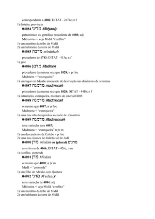 correspondente a 4082; DITAT - 2674c; n f
1) distrito, província
04084 ‫מדיני‬ Midyaniy
patronímico ou gentílico procedente de 4080; adj
Midianitas = veja Midiã “conflito”
1) um membro da tribo de Midiã
2) um habitante da terra de Midiã
04085 ‫מדכה‬ m ̂edokah
procedente de 1743; DITAT - 413a; n f
1) gral
04086 ‫מדמן‬ Madmen
procedente da mesma raiz que 1828; n pr loc
Madmém = “esterqueira”
1) um lugar em Moabe ameaçado de destruição nas denúncias de Jeremias
04087 ‫מדמנה‬ madmenah
procedente da mesma raiz que 1828; DITAT - 441b; n f
1) estrumeira, esterqueira, monturo de esterco04088
04088 ‫מדמנה‬ Madmenah
o mesmo que 4087; n pr loc
Madmena = “esterqueira”
1) uma das vilas benjamitas ao norte de Jerusalém
04089 ‫מדמנה‬ Madmannah
uma variação para 4087;
Madmana = “esterqueira” n pr m
1) um descendente de Calebe n pr loc
2) uma das cidades no distrito sul de Judá
04090 ‫מדן‬ m ̂edan ou (plural) ‫מדנים‬
uma forma de 4066; DITAT - 426c; n m
1) conflito, contenda
04091 ‫מדן‬ M ̂edan
o mesmo que 4090; n pr m
Medã = “contenda”
1) um filho de Abraão com Quetura
04092 ‫מדני‬ M ̂edaniy
uma variação de 4084; adj
Midianita = veja Midiã “conflito”
1) um membro da tribo de Midiã
2) um habitante da terra de Midiã
 
