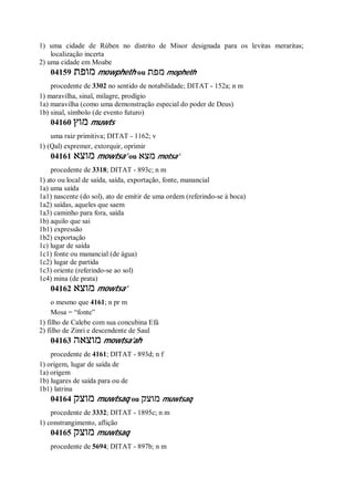 1) uma cidade de Rúben no distrito de Misor designada para os levitas meraritas;
localização incerta
2) uma cidade em Moabe
04159 ‫מופת‬ mowpheth ou ‫מפת‬ mopheth
procedente de 3302 no sentido de notabilidade; DITAT - 152a; n m
1) maravilha, sinal, milagre, prodígio
1a) maravilha (como uma demonstração especial do poder de Deus)
1b) sinal, símbolo (de evento futuro)
04160 ‫מוץ‬ muwts
uma raiz primitiva; DITAT - 1162; v
1) (Qal) expremer, extorquir, oprimir
04161 ‫מוצא‬ mowtsa’ ou ‫מצא‬ motsa’
procedente de 3318; DITAT - 893c; n m
1) ato ou local de saída, saída, exportação, fonte, manancial
1a) uma saída
1a1) nascente (do sol), ato de emitir de uma ordem (referindo-se à boca)
1a2) saídas, aqueles que saem
1a3) caminho para fora, saída
1b) aquilo que sai
1b1) expressão
1b2) exportação
1c) lugar de saída
1c1) fonte ou manancial (de água)
1c2) lugar de partida
1c3) oriente (referindo-se ao sol)
1c4) mina (de prata)
04162 ‫מוצא‬ mowtsa’
o mesmo que 4161; n pr m
Mosa = “fonte”
1) filho de Calebe com sua concubina Efá
2) filho de Zinri e descendente de Saul
04163 ‫מוצאה‬ mowtsa’ah
procedente de 4161; DITAT - 893d; n f
1) origem, lugar de saída de
1a) origem
1b) lugares de saída para ou de
1b1) latrina
04164 ‫מוצק‬ muwtsaq ou ‫מוצק‬ muwtsaq
procedente de 3332; DITAT - 1895c; n m
1) constrangimento, aflição
04165 ‫מוצק‬ muwtsaq
procedente de 5694; DITAT - 897b; n m
 