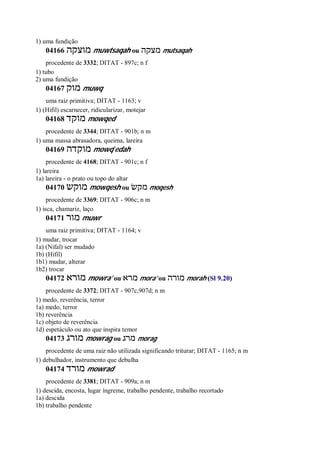 1) uma fundição
04166 ‫מוצקה‬ muwtsaqah ou ‫מצקה‬ mutsaqah
procedente de 3332; DITAT - 897c; n f
1) tubo
2) uma fundição
04167 ‫מוק‬ muwq
uma raiz primitiva; DITAT - 1163; v
1) (Hifil) escarnecer, ridicularizar, motejar
04168 ‫מוקד‬ mowqed
procedente de 3344; DITAT - 901b; n m
1) uma massa abrasadora, queima, lareira
04169 ‫מוקדה‬ mowq ̂edah
procedente de 4168; DITAT - 901c; n f
1) lareira
1a) lareira - o prato ou topo do altar
04170 ‫מוקש‬ mowqesh ou ‫מקשׂ‬ moqesh
procedente de 3369; DITAT - 906c; n m
1) isca, chamariz, laço
04171 ‫מור‬ muwr
uma raiz primitiva; DITAT - 1164; v
1) mudar, trocar
1a) (Nifal) ser mudado
1b) (Hifil)
1b1) mudar, alterar
1b2) trocar
04172 ‫מורא‬ mowra’ ou ‫מרא‬ mora’ ou ‫מורה‬ morah (Sl 9.20)
procedente de 3372; DITAT - 907c,907d; n m
1) medo, reverência, terror
1a) medo, terror
1b) reverência
1c) objeto de reverência
1d) espetáculo ou ato que inspira temor
04173 ‫מורג‬ mowrag ou ‫מרג‬ morag
procedente de uma raiz não utilizada significando triturar; DITAT - 1165; n m
1) debulhador, instrumento que debulha
04174 ‫מורד‬ mowrad
procedente de 3381; DITAT - 909a; n m
1) descida, encosta, lugar íngreme, trabalho pendente, trabalho recortado
1a) descida
1b) trabalho pendente
 