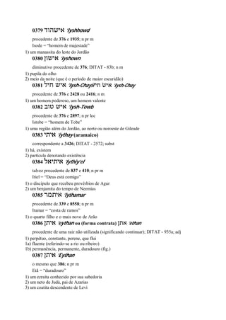 0379 ‫אישהוד‬ ’Iyshhowd
procedente de 376 e 1935; n pr m
Isode = “homem de majestade”
1) um manassita do leste do Jordão
0380 ‫אישון‬ ’iyshown
diminutivo procedente de 376; DITAT - 83b; n m
1) pupila do olho
2) meio da noite (que é o período de maior escuridão)
0381 ‫חיל‬ ‫איש‬ ’Iysh-Chayil ‫חי‬ ‫אישׂ‬ ’Iysh-Chay
procedente de 376 e 2428 ou 2416; n m
1) um homem poderoso, um homem valente
0382 ‫טוב‬ ‫איש‬ ’Iysh-Towb
procedente de 376 e 2897; n pr loc
Istobe = “homem de Tobe”
1) uma região além do Jordão, ao norte ou noroeste de Gileade
0383 ‫איתי‬ ’iythay (aramaico)
correspondente a 3426; DITAT - 2572; subst
1) há, existem
2) partícula denotando existência
0384 ‫איתיאל‬ ’Iythiy’el
talvez procedente de 837 e 410; n pr m
Itiel = “Deus está comigo”
1) o discípulo que recebeu provérbios de Agur
2) um benjamita do tempo de Neemias
0385 ‫איתמר‬ ’Iythamar
procedente de 339 e 8558; n pr m
Itamar = “costa de ramos”
1) o quarto filho e o mais novo de Arão
0386 ‫איתן‬ ’eythan ou (forma contrata) ‫אתן‬ ’ethan
procedente de uma raiz não utilizada (significando continuar); DITAT - 935a; adj
1) perpétuo, constante, perene, que flui
1a) fluente (referindo-se a rio ou ribeiro)
1b) permanência, permanente, duradouro (fig.)
0387 ‫איתן‬ ’Eythan
o mesmo que 386; n pr m
Etã = “duradouro”
1) um ezraíta conhecido por sua sabedoria
2) um neto de Judá, pai de Azarias
3) um coatita descendente de Levi
 