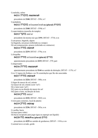 1) melodia, salmo
04211 ‫מזמרה‬ mazmerah
procedente de 2168; DITAT - 559c; n f
1) podadeira
04212 ‫מזמרה‬ m ̂ezamm ̂erah ou (plural) ‫מזמרת‬
procedente de 2168; DITAT - 559d; n f
1) espevitadeira (utensílio do templo)
04213 ‫מזער‬ miz ̀ar
procedente da mesma raiz que 2191; DITAT - 571b; n m
1) um pouco, bagatela, alguns
1a) bagatela, um pouco (referindo-se a tempo)
1b) um remanescente, poucos (referindo-se a números)
04214 ‫מזרה‬ mizreh
procedente de 2219; DITAT - 579a; n m
1) forquilha
04215 ‫מזרה‬ m ̂ezareh ou (plural) ‫מזרים‬
aparentemente procedente de 2219; DITAT - 579; part
1) dispersador
04216 ‫מזרות‬ mazzarah
aparentemente procedente de 5144 no sentido de distinção; DITAT - 1176; n f
1) os 12 signos do Zodíaco e as 36 constelações que lhe são associadas
04217 ‫מזרח‬ mizrach
procedente de 2224; DITAT - 580c; n m
1) lugar do nascer do sol, oriente
1a) nascer do sol, oriente (com ‘sol’)
1b) o leste (sem ‘sol’)
1b1) para ou na direção do nascer do sol
1b2) para o leste, na direção do leste
04218 ‫מזרע‬ mizra ̀
procedente de 2232; DITAT - 582f; n m
1) terra para sementes, local de plantio
04219 ‫מזרק‬ mizraq
procedente de 2236; DITAT - 585a; n m
1) vasilha, bacia
1a) taça (para vinho)
1b) bacia (recipiente para jogar água ou aspergir um líquido)
04220 ‫מח‬ meach ou (plural) ‫מחים‬
procedente de 4229 no sentido de gorduroso; DITAT - 1181a; n m
1) animal novo cevado, gordo
 