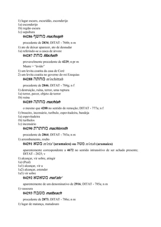1) lugar escuro, escuridão, esconderijo
1a) esconderijo
1b) região escura
1c) sepultura
04286 ‫מחשף‬ machsoph
procedente de 2834; DITAT - 766b; n m
1) ato de deixar aparecer, ato de desnudar
1a) referindo-se a casca de árvore
04287 ‫מחת‬ Machath
provavelmente procedente de 4229; n pr m
Maate = “ávido”
1) um levita coatita da casa de Coré
2) um levita coatita no governo do rei Ezequias
04288 ‫מחתה‬ m ̂echittah
procedente de 2846; DITAT - 784g; n f
1) destruição, ruína, terror, uma ruptura
1a) terror, pavor, objeto de terror
1b) ruína
04289 ‫מחתה‬ machtah
o mesmo que 4288 no sentido de remoção; DITAT - 777a; n f
1) braseiro, incensário, turíbulo, espevitadeira, bandeja
1a) espevitadeira
1b) turíbulos
1c) incensário
04290 ‫מחתרת‬ machtereth
procedente de 2864; DITAT - 783a; n m
1) arrombamento, roubo
04291 ‫מטא‬ m ̂eta’ (aramaico) ou ‫מטה‬ m ̂etah (aramaico)
aparentemente correspondente a 4672 no sentido intransitivo de ser achado presente;
DITAT - 2825; v
1) alcançar, vir sobre, atingir
1a) (Peal)
1a1) alcançar, vir a
1a2) alcançar, estender
1a3) vir sobre
04292 ‫מטאטא‬ mat’ate’
aparentemente de um denominativo de 2916; DITAT - 785a; n m
1) vassoura
04293 ‫מטבח‬ matbeach
procedente de 2873; DITAT - 786e; n m
1) lugar de matança, matadouro
 