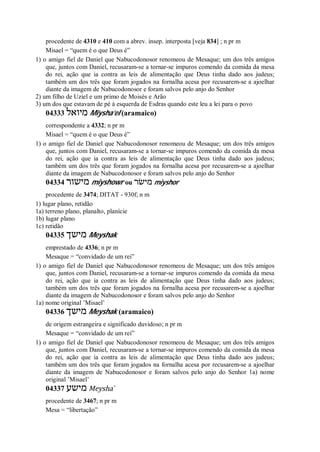 procedente de 4310 e 410 com a abrev. insep. interposta [veja 834] ; n pr m
Misael = “quem é o que Deus é”
1) o amigo fiel de Daniel que Nabucodonosor renomeou de Mesaque; um dos três amigos
que, juntos com Daniel, recusaram-se a tornar-se impuros comendo da comida da mesa
do rei, ação que ia contra as leis de alimentação que Deus tinha dado aos judeus;
também um dos três que foram jogados na fornalha acesa por recusarem-se a ajoelhar
diante da imagem de Nabucodonosor e foram salvos pelo anjo do Senhor
2) um filho de Uziel e um primo de Moisés e Arão
3) um dos que estavam de pé à esquerda de Esdras quando este leu a lei para o povo
04333 ‫מיואל‬ Miysha’el (aramaico)
correspondente a 4332; n pr m
Misael = “quem é o que Deus é”
1) o amigo fiel de Daniel que Nabucodonosor renomeou de Mesaque; um dos três amigos
que, juntos com Daniel, recusaram-se a tornar-se impuros comendo da comida da mesa
do rei, ação que ia contra as leis de alimentação que Deus tinha dado aos judeus;
também um dos três que foram jogados na fornalha acesa por recusarem-se a ajoelhar
diante da imagem de Nabucodonosor e foram salvos pelo anjo do Senhor
04334 ‫מישור‬ miyshowr ou ‫מישׂר‬ miyshor
procedente de 3474; DITAT - 930f; n m
1) lugar plano, retidão
1a) terreno plano, planalto, planície
1b) lugar plano
1c) retidão
04335 ‫מישך‬ Meyshak
emprestado de 4336; n pr m
Mesaque = “convidado de um rei”
1) o amigo fiel de Daniel que Nabucodonosor renomeou de Mesaque; um dos três amigos
que, juntos com Daniel, recusaram-se a tornar-se impuros comendo da comida da mesa
do rei, ação que ia contra as leis de alimentação que Deus tinha dado aos judeus;
também um dos três que foram jogados na fornalha acesa por recusarem-se a ajoelhar
diante da imagem de Nabucodonosor e foram salvos pelo anjo do Senhor
1a) nome original ’Misael’
04336 ‫מישך‬ Meyshak (aramaico)
de origem estrangeira e significado duvidoso; n pr m
Mesaque = “convidado de um rei”
1) o amigo fiel de Daniel que Nabucodonosor renomeou de Mesaque; um dos três amigos
que, juntos com Daniel, recusaram-se a tornar-se impuros comendo da comida da mesa
do rei, ação que ia contra as leis de alimentação que Deus tinha dado aos judeus;
também um dos três que foram jogados na fornalha acesa por recusarem-se a ajoelhar
diante da imagem de Nabucodonosor e foram salvos pelo anjo do Senhor 1a) nome
original ’Misael’
04337 ‫מישע‬ Meysha ̀
procedente de 3467; n pr m
Mesa = “libertação”
 