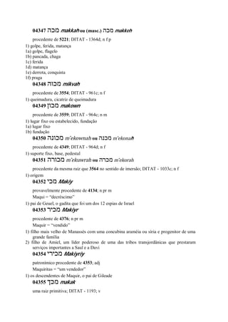 04347 ‫מכה‬ makkah ou (masc.) ‫מכה‬ makkeh
procedente de 5221; DITAT - 1364d; n f p
1) golpe, ferida, matança
1a) golpe, flagelo
1b) pancada, chaga
1c) ferida
1d) matança
1e) derrota, conquista
1f) praga
04348 ‫מכוה‬ mikvah
procedente de 3554; DITAT - 961c; n f
1) queimadura, cicatriz de queimadura
04349 ‫מכון‬ makown
procedente de 3559; DITAT - 964c; n m
1) lugar fixo ou estabelecido, fundação
1a) lugar fixo
1b) fundação
04350 ‫מכונה‬ m ̂ekownah ou ‫מכנה‬ m ̂ekonah
procedente de 4349; DITAT - 964d; n f
1) suporte fixo, base, pedestal
04351 ‫מכורה‬ m ̂ekuwrah ou ‫מכרה‬ m ̂ekorah
procedente da mesma raiz que 3564 no sentido de imersão; DITAT - 1033c; n f
1) origem
04352 ‫מכי‬ Makiy
provavelmente procedente de 4134; n pr m
Maqui = “decréscimo”
1) pai de Geuel, o gadita que foi um dos 12 espias de Israel
04353 ‫מכיר‬ Makiyr
procedente de 4376; n pr m
Maquir = “vendido”
1) filho mais velho de Manassés com uma concubina araméia ou síria e progenitor de uma
grande família
2) filho de Amiel, um líder poderoso de uma das tribos transjordânicas que prestaram
serviços importantes a Saul e a Davi
04354 ‫מכירי‬ Makiyriy
patronímico procedente de 4353; adj
Maquiritas = “um vendedor”
1) os descendentes de Maquir, o pai de Gileade
04355 ‫מכך‬ makak
uma raiz primitiva; DITAT - 1193; v
 