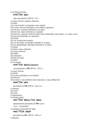 1) rei filisteu de Gate
0398 ‫אכל‬ ’akal
uma raiz primitiva; DITAT - 85; v
1) comer, devorar, queimar, alimentar
1a) (Qal)
1a1) comer (tendo o ser humano como sujeito)
1a2) comer, devorar (referindo-se aos animais e pássaros)
1a3) devorar, consumir (referindo-se ao fogo)
1a4) devorar, matar (referindo-se à espada)
1a5) devorar, consumir, destruir (tendo coisas inanimadas como sujeito - ex., peste, seca)
1a6) devorar (referindo-se à opressão)
1b) (Nifal)
1b1) ser comido (por homens)
1b2) ser devorado, consumido (referindo-se ao fogo)
1b3) ser desperdiçado, destruído (referindo-se à carne)
1c) (Pual)
1c1) fazer comer, alimentar
1c2) levar a devorar
1d) (Hifil)
1d1) alimentar
1d2) dar de comer
1e) (Piel)
1e1) consumir
0399 ‫אכל‬ ’akal (aramaico)
correspondente a 398; DITAT - 2573; v
1) comer, devorar
1a) (Peal)
1a1) comer (referindo-se aos animais)
1a2) devorar
1a3) comer os seus membros (uma expressão, ou seja, difamá-los)
0400 ‫אכל‬ ’okel
procedente de 398; DITAT - 85a; n m
1) alimento
1a) cereal
1b) carne
2) mantimentos
3) refeição, jantar
0401 ‫אכל‬ ’Ukal ou ‫אכל‬ ’Ukkal
aparentemente procedente de 398; n pr m
Ucal = “consumido”
1) estudante ou discípulo de Agur
0402 ‫אכלה‬ ’oklah
procedente de 401; DITAT - 85b; n f
1) alimento
 