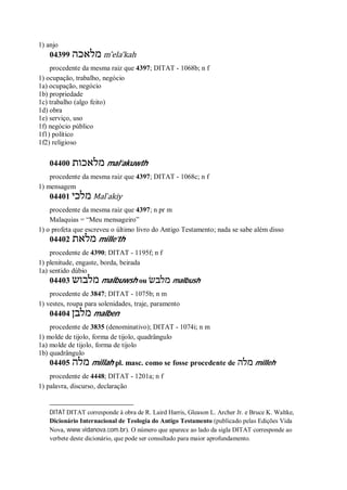 1) anjo
04399 ‫מלאכה‬ m ̂ela’kah
procedente da mesma raiz que 4397; DITAT - 1068b; n f
1) ocupação, trabalho, negócio
1a) ocupação, negócio
1b) propriedade
1c) trabalho (algo feito)
1d) obra
1e) serviço, uso
1f) negócio público
1f1) político
1f2) religioso
04400 ‫מלאכות‬ mal’akuwth
procedente da mesma raiz que 4397; DITAT - 1068c; n f
1) mensagem
04401 ‫מלכי‬ Mal ̀akiy
procedente da mesma raiz que 4397; n pr m
Malaquias = “Meu mensageiro”
1) o profeta que escreveu o último livro do Antigo Testamento; nada se sabe além disso
04402 ‫מלאת‬ mille’th
procedente de 4390; DITAT - 1195f; n f
1) plenitude, engaste, borda, beirada
1a) sentido dúbio
04403 ‫מלבוש‬ malbuwsh ou ‫מלבשׂ‬ malbush
procedente de 3847; DITAT - 1075b; n m
1) vestes, roupa para solenidades, traje, paramento
04404 ‫מלבן‬ malben
procedente de 3835 (denominativo); DITAT - 1074i; n m
1) molde de tijolo, forma de tijolo, quadrângulo
1a) molde de tijolo, forma de tijolo
1b) quadrângulo
04405 ‫מלה‬ millah pl. masc. como se fosse procedente de ‫מלה‬ milleh
procedente de 4448; DITAT - 1201a; n f
1) palavra, discurso, declaração
DITAT DITAT corresponde à obra de R. Laird Harris, Gleason L. Archer Jr. e Bruce K. Waltke,
Dicionário Internacional de Teologia do Antigo Testamento (publicado pelas Edições Vida
Nova, www.vidanova.com.br). O número que aparece ao lado da sigla DITAT corresponde ao
verbete deste dicionário, que pode ser consultado para maior aprofundamento.
 