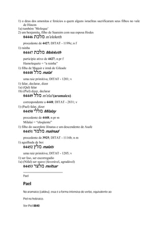 1) o deus dos amonitas e fenícios a quem alguns israelitas sacrificaram seus filhos no vale
de Hinom
1a) também ’Moloque’
2) um benjamita, filho de Saaraim com sua esposa Hodes
04446 ‫מלכת‬ m ̂eleketh
procedente de 4427; DITAT - 1199c; n f
1) rainha
04447 ‫מלכת‬ Moleketh
particípio ativo de 4427; n pr f
Hamolequete = “a rainha”
1) filha de Maquir e irmã de Gileade
04448 ‫מלל‬ malal
uma raiz primitiva; DITAT - 1201; v
1) falar, declarar, dizer
1a) (Qal) falar
1b) (Piel) dizer, declarar
04449 ‫מלל‬ m ̂elal (aramaico)
correspondente a 4448; DITAT - 2831; v
1) (Pael) falar, dizer
04450 ‫מללי‬ Milalay
procedente de 4448; n pr m
Milalai = “eloqüente”
1) filho do sacerdote Jônatas e um descendente de Asafe
04451 ‫מלמד‬ malmad
procedente de 3925; DITAT - 1116b; n m
1) aguilhada de boi
04452 ‫מלץ‬ malats
uma raiz primitiva; DITAT - 1205; v
1) ser liso, ser escorregadio
1a) (Nifal) ser suave (favorável, agradável)
04453 ‫מלצר‬ meltsar
Pael
Pael
No aramaico (caldeu), essa é a forma intensiva do verbo, equivalente ao
Piel no hebraico.
Ver Piel 8840
 