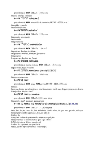 procedente de 4843; DITAT - 1248k; n m
1) coisa amarga, amargura
04473 ‫ממשח‬ mimshach
procedente de 4886, no sentido de expansão; DITAT - 1255d; n m
1) ungido, expansão
1a) sentido incerto
04474 ‫ממשל‬ mimshal
procedente de 4910; DITAT - 1259b; n m
1) domínio, governante
1a) domínio
1b) governante
04475 ‫ממשלה‬ memshalah
procedente de 4474; DITAT - 1259c; n f
1) governo, domínio, território
1a) governo, domínio, território, jurisdição
1b) governo
1c) governo, domínio (de Deus)
04476 ‫ממשק‬ mimshaq
procedente da mesma raiz que 4943; DITAT - 1261b; n m
1) possessão, lugar possuído
04477 ‫ממתק‬ mamtaq ou (plural) ‫ממתקים‬
procedente de 4985; DITAT - 1268d; n m
1) doçura, coisa doce
04478 ‫מן‬ man
procedente de 4100, grego 3131 μαννα; DITAT - 1208,1209; n m
1) maná
1a) o pão do céu que alimentou os israelitas durante os 40 anos de peregirnação no deserto
1b) significa ‘O que é isso?’
04479 ‫מן‬ man (aramaico)
procedente de 4101; DITAT - 2832; pron interr
1) quem?, o que?, qualquer, qualquer um
04480 ‫מן‬ min ou ‫מני‬ minniy ou ‫מני‬ minney (construto pl.) (Is 30.11)
procedente de 4482; DITAT - 1212,1213e prep
1) de, fora de, por causa de, fora, ao lado de, desde, acima, do que, para que não, mais que
1a) de (expressando separação), fora, ao lado de
1b) fora de
1b1) (com verbos de procedência, remoção, expulção)
1b2) (referindo-se ao material de qual algo é feito)
1b3) (referindo-se à fonte ou origem)
1c) fora de, alguns de, de (partitivo)
1d) de, desde, depois (referindo-se ao tempo)
 