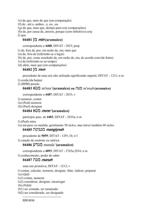1e) do que, mais do que (em comparação)
1f) de...até o, ambos...e, ou...ou
1g) do que, mais que, demais para (em comparações)
1h) de, por causa de, através, porque (com infinitivo) conj
2) que
04481 ‫מן‬ min (aramaico)
correspondente a 4480; DITAT - 2833; prep
1) de, fora de, por, em razão de, em, mais que
1a) de, fora de (referindo-se a lugar)
1b) de, por, como resultado de, em razão de, em, de acordo com (de fonte)
1c) de (referindo-se ao tempo)
1d) além, mais que (em comparações)
04482 ‫מן‬ men
procedente de uma raiz não utilizada significando repartir; DITAT - 1211; n m
1) corda (da harpa)
2) (BDB) porção
04483 ‫מנא‬ m ̂ena’ (aramaico) ou ‫מנה‬ m ̂enah (aramaico)
correspondente a 4487; DITAT - 2835; v
1) numerar, contar
1a) (Peal) numerar
1b) (Pael) designar
04484 ‫מנא‬ mene’ (aramaico)
particípio pass. de 4483; DITAT - 2835a; n m
1) (Peal) mina
1a) um peso ou medida; geralmente 50 siclos, mas talvez também 60 siclos
04485 ‫מנגינה‬ mangiynah
procedente de 5059; DITAT - 1291.1b; n f
1) canção de escárnio ou satírica
04486 ‫מנדע‬ manda ̀ (aramaico)
correspondente a 4093; DITAT - 2765a,2834; n m
1) conhecimento, poder do saber
04487 ‫מנה‬ manah
uma raiz primitiva; DITAT - 1213; v
1) contar, calcular, numerar, designar, falar, indicar, preparar
1a) (Qal)
1a1) contar, numerar
1a2) considerar, designar, encarregar
1b) (Nifal)
1b1) ser contado, ser numerado
1b2) ser considerado, ser designado
BDB BDB
 