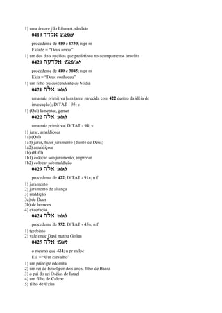 1) uma árvore (do Líbano), sândalo
0419 ‫אלדד‬ ’Eldad
procedente de 410 e 1730; n pr m
Eldade = “Deus amou”
1) um dos dois anciãos que profetizou no acampamento israelita
0420 ‫אלדעה‬ ’Elda ̀ah
procedente de 410 e 3045; n pr m
Elda = “Deus conheceu”
1) um filho ou descendente de Midiã
0421 ‫אלה‬ ’alah
uma raiz primitiva [um tanto parecida com 422 dentro da idéia de
invocação]; DITAT - 95; v
1) (Qal) lamentar, gemer
0422 ‫אלה‬ ’alah
uma raiz primitiva; DITAT - 94; v
1) jurar, amaldiçoar
1a) (Qal)
1a1) jurar, fazer juramento (diante de Deus)
1a2) amaldiçoar
1b) (Hifil)
1b1) colocar sob juramento, imprecar
1b2) colocar sob maldição
0423 ‫אלה‬ ’alah
procedente de 422; DITAT - 91a; n f
1) juramento
2) juramento de aliança
3) maldição
3a) de Deus
3b) de homens
4) execração
0424 ‫אלה‬ ’elah
procedente de 352; DITAT - 45h; n f
1) terebinto
2) vale onde Davi matou Golias
0425 ‫אלה‬ ’Elah
o mesmo que 424; n pr m,loc
Elá = “Um carvalho”
1) um príncipe edomita
2) um rei de Israel por dois anos, filho de Baasa
3) o pai do rei Oséias de Israel
4) um filho de Calebe
5) filho de Uzias
 