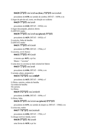 04628 ‫מערב‬ ma ̀arab ou (fem.) ‫מערבה‬ ma ̀arabah
procedente de 6150, no sentido de sombra; DITAT - 1689b; n m
1) lugar do pôr-do-sol, oeste, em direção ao ocidente
04629 ‫מערה‬ ma ̀areh
procedente de 6168; DITAT - 1692d; n m
1) lugar descampado, planície aberta
2) (DITAT) nudez
04630 ‫מערה‬ ma ̀arah ou (plural) ‫מערות‬
procedente de 4629; DITAT - 1692d; n f
1) exército, linha de batalha
2) (DITAT) nudez
04631 ‫מערה‬ m ̂e ̀arah
procedente de 5783; DITAT - 1704a; n f
1) caverna, covil, buraco
04632 ‫מערה‬ M ̂e ̀arah
o mesmo que 4631; n pr loc
Meara = “caverna”
1) uma área ou caverna no lado oriental de Sidom
04633 ‫מערך‬ ma ̀arak
procedente de 6186; DITAT - 1694c; n m
1) arranjo, plano, preparativo
04634 ‫מערכה‬ ma ̀arakah
procedente de 4633; DITAT - 1694d; n f
1) fileira, carreira, ordem de batalha
1a) ordem de batalha
1b) carreira
1c) fileira
04635 ‫מערכת‬ ma ̀areketh
procedente de 6186; DITAT - 1694e; n f
1) fileira, linha
04636 ‫מערם‬ ma ̀arom ou (plural) ‫מערמים‬
procedente de 6191, no sentido de despir-se; DITAT - 1588d; n m
1) coisa nua, nudez
04637 ‫מערצה‬ ma ̀aratsah
procedente de 6206; DITAT - 1702c; n f
1) choque terrível, batida, terror
04638 ‫מערת‬ Ma ̀arath
uma forma de 4630; n pr loc
 