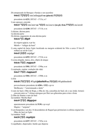 20) antepassado de Baruque e Seraías e um sacerdote
04642 ‫מעשקה‬ ma ̀ashaqqah ou (plural) ‫מעשׂקות‬
procedente de 6231; DITAT - 1713e; n f
1) ato opressor, extorsão
04643 ‫מעשר‬ ma ̀aser ou ‫מעשׁר‬ ma ̀asar e (no pl.) fem.‫מעשׁרה‬ ma ̀asrah
procedente de 6240; DITAT - 1711h; n m
1) dízimo, décima parte
1a) décima parte
1b) dízimo, pagamento de uma décima parte
04644 ‫מף‬ Moph
de origem egípcia; n pr loc
Mênfis = “refúgio do bom”
1) uma capital do baixo Egito localizada na margem ocidental do Nilo a cerca 15 km (9
milhas) ao sul do Cairo
04645 ‫מפגע‬ miphga ̀
procedente de 6293; DITAT - 1731b; n m
1) coisa atingida, marca, alvo, objeto de ataque
04646 ‫מפח‬ mappach
procedente de 5301; DITAT - 1390a; n m
1) expiração, expirar, exalação (da vida)
04647 ‫מפח‬ mappuach
procedente de 5301; DITAT - 1390b; n m
1) fole
04648 ‫מפיבשת‬ M ̂ephiybosheth ou ‫מפבשׂת‬ M ̂ephibosheth
provavelmente procedente de 6284 e 1322; n pr m
Mefibosete = “exterminando o ídolo”
1) neto de Saul e filho de Rispa, a filha de Aiá, concubina de Saul; ele e seu irmão Armoni
estavam entre as 7 vítimas entregues por Davi aos gibeonitas para evitar a fome
2) filho de Jônatas e neto de Saul
2a) também ‘Meribe-Baal’
04649 ‫מפים‬ Muppiym
aparentemente procedente de 5130; n pr m pl
Mupim = “serpente”
1) um benjamita e um dos 14 descendentes de Raquel que pertenciam à colônia original dos
filhos de Jacó no Egito
1a) também ‘Sufã’
04650 ‫מפץ‬ mephiyts
procedente de 6327; DITAT - 1745a; n m
1) espalhador, dispersador, bastão que dispersa
 
