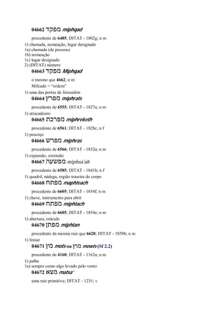 04662 ‫מפקד‬ miphqad
procedente de 6485; DITAT - 1802g; n m
1) chamada, nomeação, lugar designado
1a) chamada (de pessoas)
1b) nomeação
1c) lugar designado
2) (DITAT) número
04663 ‫מפקד‬ Miphqad
o mesmo que 4662; n m
Mifcade = “ordem”
1) uma das portas de Jerusalém
04664 ‫מפרץ‬ miphrats
procedente de 6555; DITAT - 1827a; n m
1) atracadouro
04665 ‫מפרכת‬ miphreketh
procedente de 6561; DITAT - 1828c; n f
1) pescoço
04666 ‫מפרש‬ miphras
procedente de 6566; DITAT - 1832a; n m
1) expansão, extensão
04667 ‫מפשעה‬ miphsa ̀ah
procedente de 6585; DITAT - 1841b; n f
1) quadril, nádega, região traseira do corpo
04668 ‫מפתח‬ maphteach
procedente de 6605; DITAT - 1854f; n m
1) chave, instrumento para abrir
04669 ‫מפת‬‫ח‬ miphtach
procedente de 6605; DITAT - 1854e; n m
1) abertura, oráculo
04670 ‫מפתן‬ miphtan
procedente da mesma raiz que 6620; DITAT - 1858b; n m
1) limiar
04671 ‫מץ‬ mots ou ‫מוץ‬ mowts (Sf 2.2)
procedente de 4160; DITAT - 1162a; n m
1) palha
1a) sempre como algo levado pelo vento
04672 ‫מצא‬ matsa’
uma raiz primitiva; DITAT - 1231; v
 