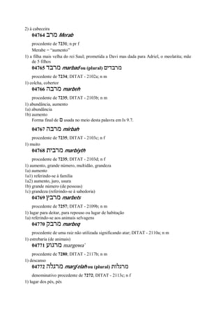 2) à cabeceira
04764 ‫מרב‬ Merab
procedente de 7231; n pr f
Merabe = “aumento”
1) a filha mais velha do rei Saul; prometida a Davi mas dada para Adriel, o meolatita; mãe
de 5 filhos
04765 ‫מרבד‬ marbad ou (plural) ‫מרבדים‬
procedente de 7234; DITAT - 2102a; n m
1) colcha, cobertor
04766 ‫מרבה‬ marbeh
procedente de 7235; DITAT - 2103b; n m
1) abundância, aumento
1a) abundância
1b) aumento
Forma final de ‫ם‬ usada no meio desta palavra em Is 9.7.
04767 ‫מרבה‬ mirbah
procedente de 7235; DITAT - 2103c; n f
1) muito
04768 ‫מרבית‬ marbiyth
procedente de 7235; DITAT - 2103d; n f
1) aumento, grande número, multidão, grandeza
1a) aumento
1a1) referindo-se à família
1a2) aumento, juro, usura
1b) grande número (de pessoas)
1c) grandeza (referindo-se à sabedoria)
04769 ‫מרבץ‬ marbets
procedente de 7257; DITAT - 2109b; n m
1) lugar para deitar, para repouso ou lugar de habitação
1a) referindo-se aos animais selvagens
04770 ‫מרבק‬ marbeq
procedente de uma raiz não utilizada significando atar; DITAT - 2110a; n m
1) estrebaria (de animais)
04771 ‫מרגוע‬ margowa ̀
procedente de 7280; DITAT - 2117b; n m
1) descanso
04772 ‫מרגלה‬ marg ̂elah ou (plural) ‫מרגלות‬
denominativo procedente de 7272; DITAT - 2113c; n f
1) lugar dos pés, pés
 