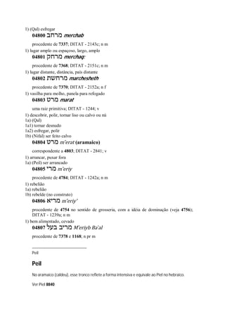 1) (Qal) esfregar
04800 ‫מרחב‬ merchab
procedente de 7337; DITAT - 2143c; n m
1) lugar amplo ou espaçoso, largo, amplo
04801 ‫מרחק‬ merchaq:
procedente de 7368; DITAT - 2151c; n m
1) lugar distante, distância, país distante
04802 ‫מרחשת‬ marchesheth
procedente de 7370; DITAT - 2152a; n f
1) vasilha para molho, panela para refogado
04803 ‫מרט‬ marat
uma raiz primitiva; DITAT - 1244; v
1) descobrir, polir, tornar liso ou calvo ou nú
1a) (Qal)
1a1) tornar desnudo
1a2) esfregar, polir
1b) (Nifal) ser feito calvo
04804 ‫מרט‬ m ̂erat (aramaico)
correspondente a 4803; DITAT - 2841; v
1) arrancar, puxar fora
1a) (Peil) ser arrancado
04805 ‫מרי‬ m ̂eriy
procedente de 4784; DITAT - 1242a; n m
1) rebelião
1a) rebelião
1b) rebelde (no construto)
04806 ‫מריא‬ m ̂eriy’
procedente de 4754 no sentido de grosseria, com a idéia de dominação (veja 4756);
DITAT - 1239a; n m
1) bem alimentado, cevado
04807 ‫בעל‬ ‫מריב‬ M ̂eriyb Ba ̀al
procedente de 7378 e 1168; n pr m
Peil
Peil
No aramaico (caldeu), esse tronco reflete a forma intensiva e equivale ao Piel no hebraico.
Ver Piel 8840
 