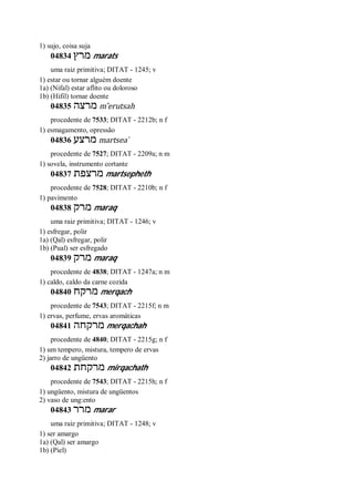 1) sujo, coisa suja
04834 ‫מרץ‬ marats
uma raiz primitiva; DITAT - 1245; v
1) estar ou tornar alguém doente
1a) (Nifal) estar aflito ou doloroso
1b) (Hifil) tornar doente
04835 ‫מרצה‬ m ̂erutsah
procedente de 7533; DITAT - 2212b; n f
1) esmagamento, opressão
04836 ‫מרצע‬ martsea ̀
procedente de 7527; DITAT - 2209a; n m
1) sovela, instrumento cortante
04837 ‫מרצפת‬ martsepheth
procedente de 7528; DITAT - 2210b; n f
1) pavimento
04838 ‫מרק‬ maraq
uma raiz primitiva; DITAT - 1246; v
1) esfregar, polir
1a) (Qal) esfregar, polir
1b) (Pual) ser esfregado
04839 ‫מרק‬ maraq
procedente de 4838; DITAT - 1247a; n m
1) caldo, caldo da carne cozida
04840 ‫מרקח‬ merqach
procedente de 7543; DITAT - 2215f; n m
1) ervas, perfume, ervas aromáticas
04841 ‫מרקחה‬ merqachah
procedente de 4840; DITAT - 2215g; n f
1) um tempero, mistura, tempero de ervas
2) jarro de ungüento
04842 ‫מרקחת‬ mirqachath
procedente de 7543; DITAT - 2215h; n f
1) ungüento, mistura de ungüentos
2) vaso de ung:ento
04843 ‫מרר‬ marar
uma raiz primitiva; DITAT - 1248; v
1) ser amargo
1a) (Qal) ser amargo
1b) (Piel)
 