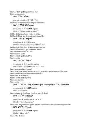 1) um soldado gadita que apoiou Davi
2) um levita coraíta
0444 ‫אלח‬ ’alach
uma raiz primitiva; DITAT - 98; v
1) (Nifal) ser moralmente corrupto, corrompido
0445 ‫אלחנן‬ ’Elchanan
procedente de 410 e 2603; n pr m
Elanã = “Deus tem sido gracioso”
1) filho de Jair que lutou contra os geteus
2) filho de Dodô que foi um dos chefes de Davi
0446 ‫אליאב‬ ’Eliy’ab
procedente de 410 e 1; n pr m
Eliabe = “meu Deus é pai” ou “Deus é pai”
1) filho de Helom, líder de Zebulom no deserto
2) um chefe rubenita, pai de Dotã e Abirão
3) o irmão mais velho de Davi
4) um músico levita
5) um soldado gadita de Davi
6) um coatita
0447 ‫אליאל‬ ’Eliy’el
procedente de 410 repetido; n pr m
Eliel = “meu Deus é Deus” ou “El é Deus”
1) um antepassado de Samuel
2) chefe no exército de Davi (pode referir-se a dois ou três homens diferentes)
3) um levita com Davi no transporte da arca
4) um líder de Manassés
5) dois líderes de Benjamim
6) um chefe coatita
7) um levita
0448 ‫אליאתה‬ ’Eliy’athah ou (por contração) ‫אליתה‬ ’Eliyathah
procedente de 410 e 225; n pr m
Eliata = “Deus veio”
1) um músico da família de Hemã na corte de Davi
0449 ‫אלידד‬ ’Eliydad
procedente do mesmo que 419; n pr m
Elidade = “meu Deus amou”
1) um líder benjamita que ajudou a repartir a herança das tribos na terra prometida
0450 ‫אלידע‬ ’Elyada ̀
procedente de 410 e 3045; n pr m
Eliada = “Deus sabe”
1) um filho de Davi
 