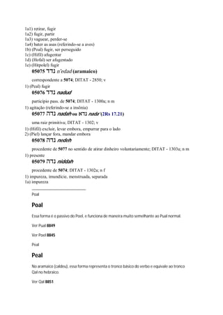 1a1) retirar, fugir
1a2) fugir, partir
1a3) vaguear, perder-se
1a4) bater as asas (referindo-se a aves)
1b) (Poal) fugir, ser perseguido
1c) (Hifil) afugentar
1d) (Hofal) ser afugentado
1e) (Hitpolel) fugir
05075 ‫נדד‬ n ̂edad (aramaico)
correspondente a 5074; DITAT - 2850; v
1) (Peal) fugir
05076 ‫נדד‬ nadud
particípio pass. de 5074; DITAT - 1300a; n m
1) agitação (referindo-se a insônia)
05077 ‫נדה‬ nadah ou ‫נדא‬ nada’ (2Rs 17.21)
uma raiz primitiva; DITAT - 1302; v
1) (Hifil) excluir, levar embora, empurrar para o lado
2) (Piel) lançar fora, mandar embora
05078 ‫נדה‬ nedeh
procedente de 5077 no sentido de atirar dinheiro voluntariamente; DITAT - 1303a; n m
1) presente
05079 ‫נדה‬ niddah
procedente de 5074; DITAT - 1302a; n f
1) impureza, imundície, menstruada, separada
1a) impureza
Poal
Poal
Essa forma é o passivo do Poel, e funciona de maneira muito semelhante ao Pual normal.
Ver Pual 8849
Ver Poel 8845
Peal
Peal
No aramaico (caldeu), essa forma representa o tronco básico do verbo e equivale ao tronco
Qal no hebraico.
Ver Qal 8851
 