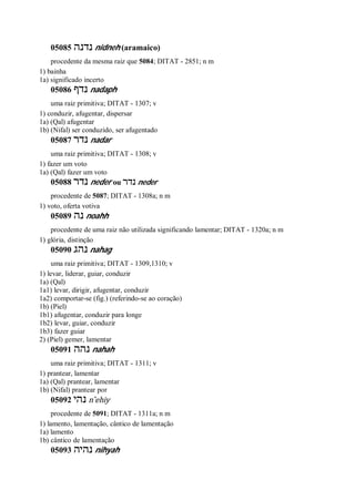 05085 ‫נדנה‬ nidneh (aramaico)
procedente da mesma raiz que 5084; DITAT - 2851; n m
1) bainha
1a) significado incerto
05086 ‫נדף‬ nadaph
uma raiz primitiva; DITAT - 1307; v
1) conduzir, afugentar, dispersar
1a) (Qal) afugentar
1b) (Nifal) ser conduzido, ser afugentado
05087 ‫נדר‬ nadar
uma raiz primitiva; DITAT - 1308; v
1) fazer um voto
1a) (Qal) fazer um voto
05088 ‫נדר‬ neder ou ‫נדר‬ neder
procedente de 5087; DITAT - 1308a; n m
1) voto, oferta votiva
05089 ‫נה‬ noahh
procedente de uma raiz não utilizada significando lamentar; DITAT - 1320a; n m
1) glória, distinção
05090 ‫נהג‬ nahag
uma raiz primitiva; DITAT - 1309,1310; v
1) levar, liderar, guiar, conduzir
1a) (Qal)
1a1) levar, dirigir, afugentar, conduzir
1a2) comportar-se (fig.) (referindo-se ao coração)
1b) (Piel)
1b1) afugentar, conduzir para longe
1b2) levar, guiar, conduzir
1b3) fazer guiar
2) (Piel) gemer, lamentar
05091 ‫נהה‬ nahah
uma raiz primitiva; DITAT - 1311; v
1) prantear, lamentar
1a) (Qal) prantear, lamentar
1b) (Nifal) prantear por
05092 ‫נהי‬ n ̂ehiy
procedente de 5091; DITAT - 1311a; n m
1) lamento, lamentação, cântico de lamentação
1a) lamento
1b) cântico de lamentação
05093 ‫נהיה‬ nihyah
 