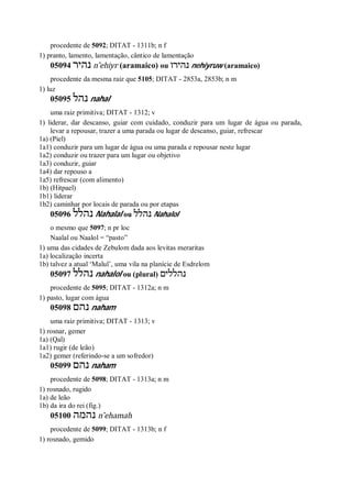 procedente de 5092; DITAT - 1311b; n f
1) pranto, lamento, lamentação, cântico de lamentação
05094 ‫נהיר‬ n ̂ehiyr (aramaico) ou ‫נהירו‬ nehiyruw (aramaico)
procedente da mesma raiz que 5105; DITAT - 2853a, 2853b; n m
1) luz
05095 ‫נהל‬ nahal
uma raiz primitiva; DITAT - 1312; v
1) liderar, dar descanso, guiar com cuidado, conduzir para um lugar de água ou parada,
levar a repousar, trazer a uma parada ou lugar de descanso, guiar, refrescar
1a) (Piel)
1a1) conduzir para um lugar de água ou uma parada e repousar neste lugar
1a2) conduzir ou trazer para um lugar ou objetivo
1a3) conduzir, guiar
1a4) dar repouso a
1a5) refrescar (com alimento)
1b) (Hitpael)
1b1) liderar
1b2) caminhar por locais de parada ou por etapas
05096 ‫נהלל‬ Nahalal ou ‫נהלל‬ Nahalol
o mesmo que 5097; n pr loc
Naalal ou Naalol = “pasto”
1) uma das cidades de Zebulom dada aos levitas meraritas
1a) localização incerta
1b) talvez a atual ‘Malul’, uma vila na planície de Esdrelom
05097 ‫נהלל‬ nahalol ou (plural) ‫נהללים‬
procedente de 5095; DITAT - 1312a; n m
1) pasto, lugar com água
05098 ‫נהם‬ naham
uma raiz primitiva; DITAT - 1313; v
1) rosnar, gemer
1a) (Qal)
1a1) rugir (de leão)
1a2) gemer (referindo-se a um sofredor)
05099 ‫נהם‬ naham
procedente de 5098; DITAT - 1313a; n m
1) rosnado, rugido
1a) de leão
1b) da ira do rei (fig.)
05100 ‫נהמה‬ n ̂ehamah
procedente de 5099; DITAT - 1313b; n f
1) rosnado, gemido
 