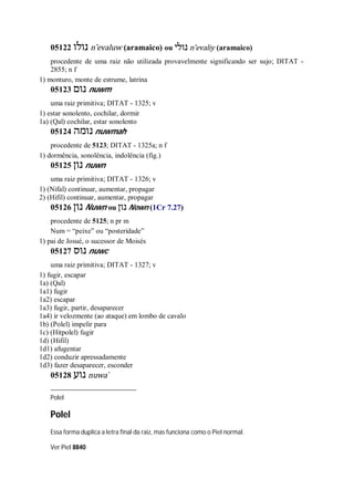 05122 ‫נולו‬ n ̂evaluw (aramaico) ou ‫נולי‬ n ̂evaliy (aramaico)
procedente de uma raiz não utilizada provavelmente significando ser sujo; DITAT -
2855; n f
1) monturo, monte de estrume, latrina
05123 ‫נום‬ nuwm
uma raiz primitiva; DITAT - 1325; v
1) estar sonolento, cochilar, dormir
1a) (Qal) cochilar, estar sonolento
05124 ‫נומה‬ nuwmah
procedente de 5123; DITAT - 1325a; n f
1) dormência, sonolência, indolência (fig.)
05125 ‫נון‬ nuwn
uma raiz primitiva; DITAT - 1326; v
1) (Nifal) continuar, aumentar, propagar
2) (Hifil) continuar, aumentar, propagar
05126 ‫נון‬ Nuwn ou ‫נון‬ Nown (1Cr 7.27)
procedente de 5125; n pr m
Num = “peixe” ou “posteridade”
1) pai de Josué, o sucessor de Moisés
05127 ‫נוס‬ nuwc
uma raiz primitiva; DITAT - 1327; v
1) fugir, escapar
1a) (Qal)
1a1) fugir
1a2) escapar
1a3) fugir, partir, desaparecer
1a4) ir velozmente (ao ataque) em lombo de cavalo
1b) (Polel) impelir para
1c) (Hitpolel) fugir
1d) (Hifil)
1d1) afugentar
1d2) conduzir apressadamente
1d3) fazer desaparecer, esconder
05128 ‫נוע‬ nuwa ̀
Polel
Polel
Essa forma duplica a letra final da raiz, mas funciona como o Piel normal.
Ver Piel 8840
 