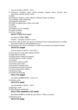 uma raiz primitiva; DITAT - 1328; v
1) estremecer, cambalear, agitar, vacilar, estontear, vaguear, mover, peneirar, fazer
movimento, tremular, hesitar, tremer
1a) (Qal)
1a1) tremular, estremecer, vibrar, balançar, estontear, tremer, ser instável
1a2) cambalear, andar cambaleante
1a2a) andarilho (particípio)
1b) (Nifal) ser agitado para os lados ou ao redor
1c) (Hifil)
1c1) sacudir
1c2) balançar, levar a cambalear
1c3) agitar, perturbar
1c4) levar a vaguear
05129 ‫נועדיה‬ Now ̀adyah
procedente de 3259 e 3050;
Noadias = “encontro com Javé” n pr m
1) um levita, filho de Binui, que pesou os utensílios de ouro e prata pertencentes ao templo
que foram trazidos de volta da Babilônia n pr f
2) uma profetiza que uniu-se a Sambalate e Tobias na sua tentativa de intimidar Neemias
05130 ‫נוף‬ nuwph
uma raiz primitiva; DITAT - 1329,1330; v
1) mover para um e outro lado, balançar, borrifar
1a) (Qal) salpicar, borrifar
1b) (Polel) acenar, brandir (em ameaça)
1c) (Hifil) balançar, sacudir, manejar
1c1) manejar
1c2) acenar ou apertar (a mão)
1c2a) acenar (com a mão)
1c2b) sacudir ou brandir contra
1c2c) balançar para frente e para trás
1c3) mover (uma oferta), oferecer
1c4) derramar longe
1d) (Hofal) ser balançado
05131 ‫נוף‬ nowph
procedente de 5130; DITAT - 1331a; n m
1) elevação, colina
05132 ‫נוץ‬ nuwts
uma raiz primitiva; DITAT - 1399; v
1) (Qal) fugir, sumir
2) (Hifil) florescer, desabrochar
05133 ‫נוצה‬ nowtsah ou ‫נצה‬ notsah
procedente de 5327 no sentido de voar; DITAT - 1399a; n f act part
1) plumagem, penas
05134 ‫נוק‬ nuwq
 