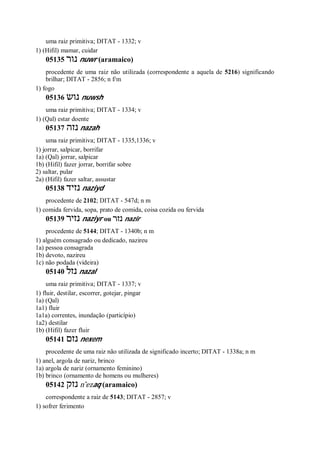 uma raiz primitiva; DITAT - 1332; v
1) (Hifil) mamar, cuidar
05135 ‫נור‬ nuwr (aramaico)
procedente de uma raiz não utilizada (correspondente a aquela de 5216) significando
brilhar; DITAT - 2856; n f/m
1) fogo
05136 ‫נוש‬ nuwsh
uma raiz primitiva; DITAT - 1334; v
1) (Qal) estar doente
05137 ‫נזה‬ nazah
uma raiz primitiva; DITAT - 1335,1336; v
1) jorrar, salpicar, borrifar
1a) (Qal) jorrar, salpicar
1b) (Hifil) fazer jorrar, borrifar sobre
2) saltar, pular
2a) (Hifil) fazer saltar, assustar
05138 ‫נזיד‬ naziyd
procedente de 2102; DITAT - 547d; n m
1) comida fervida, sopa, prato de comida, coisa cozida ou fervida
05139 ‫נזיר‬ naziyr ou ‫נזר‬ nazir
procedente de 5144; DITAT - 1340b; n m
1) alguém consagrado ou dedicado, nazireu
1a) pessoa consagrada
1b) devoto, nazireu
1c) não podada (videira)
05140 ‫נזל‬ nazal
uma raiz primitiva; DITAT - 1337; v
1) fluir, destilar, escorrer, gotejar, pingar
1a) (Qal)
1a1) fluir
1a1a) correntes, inundação (particípio)
1a2) destilar
1b) (Hifil) fazer fluir
05141 ‫נזם‬ nexem
procedente de uma raiz não utilizada de significado incerto; DITAT - 1338a; n m
1) anel, argola de nariz, brinco
1a) argola de nariz (ornamento feminino)
1b) brinco (ornamento de homens ou mulheres)
05142 ‫נזק‬ n ̂ezaq (aramaico)
correspondente a raiz de 5143; DITAT - 2857; v
1) sofrer ferimento
 