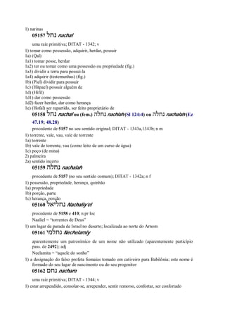 1) narinas
05157 ‫נחל‬ nachal
uma raiz primitiva; DITAT - 1342; v
1) tomar como possessão, adquirir, herdar, possuir
1a) (Qal)
1a1) tomar posse, herdar
1a2) ter ou tomar como uma possessão ou propriedade (fig.)
1a3) dividir a terra para possuí-la
1a4) adquirir (testemunhas) (fig.)
1b) (Piel) dividir para possuir
1c) (Hitpael) possuir alguém de
1d) (Hifil)
1d1) dar como possessão
1d2) fazer herdar, dar como herança
1e) (Hofal) ser repartido, ser feito proprietário de
05158 ‫נחל‬ nachal ou (fem.) ‫נחלה‬ nachlah (Sl 124:4) ou ‫נחלה‬ nachalah (Ez
47.19; 48.28)
procedente de 5157 no seu sentido original; DITAT - 1343a,1343b; n m
1) torrente, vale, vau, vale de torrente
1a) torrente
1b) vale de torrente, vau (como leito de um curso de água)
1c) poço (de mina)
2) palmeira
2a) sentido incerto
05159 ‫נחלה‬ nachalah
procedente de 5157 (no seu sentido comum); DITAT - 1342a; n f
1) possessão, propriedade, herança, quinhão
1a) propriedade
1b) porção, parte
1c) herança, porção
05160 ‫נחליאל‬ Nachaliy’el
procedente de 5158 e 410; n pr loc
Naaliel = “torrentes de Deus”
1) um lugar de parada de Israel no deserto; localizada ao norte do Arnom
05161 ‫נחלמי‬ Nechelamiy
aparentemente um patronímico de um nome não utilizado (aparentemente particípio
pass. de 2492); adj
Neelamita = “aquele do sonho”
1) a designação do falso profeta Semaías tomado em cativeiro para Babilônia; este nome é
formado do seu lugar de nascimento ou do seu progenitor
05162 ‫נחם‬ nacham
uma raiz primitiva; DITAT - 1344; v
1) estar arrependido, consolar-se, arrepender, sentir remorso, confortar, ser confortado
 