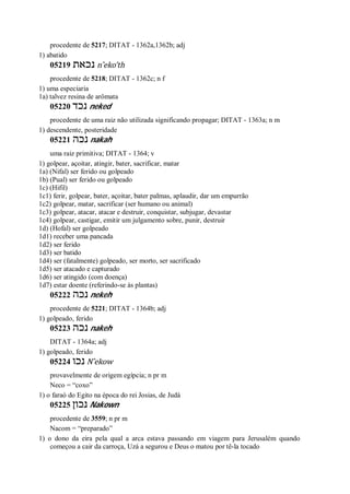 procedente de 5217; DITAT - 1362a,1362b; adj
1) abatido
05219 ‫נכאת‬ n ̂eko’th
procedente de 5218; DITAT - 1362c; n f
1) uma especiaria
1a) talvez resina de arômata
05220 ‫נכד‬ neked
procedente de uma raiz não utilizada significando propagar; DITAT - 1363a; n m
1) descendente, posteridade
05221 ‫נכה‬ nakah
uma raiz primitiva; DITAT - 1364; v
1) golpear, açoitar, atingir, bater, sacrificar, matar
1a) (Nifal) ser ferido ou golpeado
1b) (Pual) ser ferido ou golpeado
1c) (Hifil)
1c1) ferir, golpear, bater, açoitar, bater palmas, aplaudir, dar um empurrão
1c2) golpear, matar, sacrificar (ser humano ou animal)
1c3) golpear, atacar, atacar e destruir, conquistar, subjugar, devastar
1c4) golpear, castigar, emitir um julgamento sobre, punir, destruir
1d) (Hofal) ser golpeado
1d1) receber uma pancada
1d2) ser ferido
1d3) ser batido
1d4) ser (fatalmente) golpeado, ser morto, ser sacrificado
1d5) ser atacado e capturado
1d6) ser atingido (com doença)
1d7) estar doente (referindo-se às plantas)
05222 ‫נכה‬ nekeh
procedente de 5221; DITAT - 1364b; adj
1) golpeado, ferido
05223 ‫נכה‬ nakeh
DITAT - 1364a; adj
1) golpeado, ferido
05224 ‫נכו‬ N ̂ekow
provavelmente de origem egípcia; n pr m
Neco = “coxo”
1) o faraó do Egito na época do rei Josias, de Judá
05225 ‫נכון‬ Nakown
procedente de 3559; n pr m
Nacom = “preparado”
1) o dono da eira pela qual a arca estava passando em viagem para Jerusalém quando
começou a cair da carroça, Uzá a segurou e Deus o matou por tê-la tocado
 