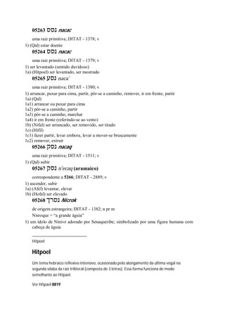 05263 ‫נסס‬ nacac
uma raiz primitiva; DITAT - 1378; v
1) (Qal) estar doente
05264 ‫נסס‬ nacac
uma raiz primitiva; DITAT - 1379; v
1) ser levantado (sentido duvidoso)
1a) (Hitpoel) ser levantado, ser mostrado
05265 ‫נסע‬ naca ̀
uma raiz primitiva; DITAT - 1380; v
1) arrancar, puxar para cima, partir, pôr-se a caminho, remover, ir em frente, partir
1a) (Qal)
1a1) arrancar ou puxar para cima
1a2) pôr-se a caminho, partir
1a3) pôr-se a caminho, marchar
1a4) ir em frente (referindo-se ao vento)
1b) (Nifal) ser arrancado, ser removido, ser tirado
1c) (Hifil)
1c1) fazer partir, levar embora, levar a mover-se bruscamente
1c2) remover, extrair
05266 ‫נסק‬ nacaq
uma raiz primitiva; DITAT - 1511; v
1) (Qal) subir
05267 ‫נסק‬ n ̂ecaq (aramaico)
correspondente a 5266; DITAT - 2889; v
1) ascender, subir
1a) (Afel) levantar, elevar
1b) (Hofal) ser elevado
05268 ‫נסרך‬ Nicrok
de origem estrangeira; DITAT - 1382; n pr m
Nisroque = “a grande águia”
1) um ídolo de Nínive adorado por Senaqueribe; simbolizado por uma figura humana com
cabeça de águia
Hitpoel
Hitpoel
Um tema hebraico reflexivo intensivo, ocasionado pelo alongamento da última vogal na
segunda sílaba da raiz triliteral (composta de 3 letras). Essa forma funciona de modo
semelhante ao Hitpael.
Ver Hitpael 8819
 