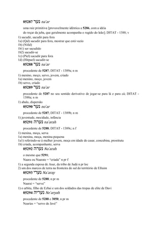05287 ‫נער‬ na ̀ar
uma raiz primitiva [provavelmente idêntica a 5286, com a idéia
do roçar da juba, que geralmente acompanha o rugido do leão]; DITAT - 1388; v
1) sacudir, sacudir para fora
1a) (Qal) sacudir para fora, mostrar que está vazio
1b) (Nifal)
1b1) ser sacudido
1b2) sacudir-se
1c) (Piel) sacudir para fora
1d) (Hitpael) sacudir-se
05288 ‫נער‬ na ̀ar
procedente de 5287; DITAT - 1389a; n m
1) menino, moço, servo, jovem, criado
1a) menino, moço, jovem
1b) servo, criado
05289 ‫נער‬ na ̀ar
procedente de 5287 no seu sentido derivativo de jogar-se para lá e para cá; DITAT -
1388a; n m
1) abalo, dispersão
05290 ‫נער‬ no ̀ar
procedente de 5287; DITAT - 1389b; n m
1) juventude, mocidade, infância
05291 ‫נערה‬ na ̀arah
procedente de 5288; DITAT - 1389c; n f
1) menina, moça, serva
1a) menina, moça, menina pequena
1a1) referindo-se à mulher jovem, moça em idade de casar, concubina, prostituta
1b) criada, acompanhante, serva
05292 ‫נערה‬ Na ̀arah
o mesmo que 5291;
Naara ou Naarate = “criada” n pr f
1) a segunda esposa de Asur, da tribo de Judá n pr loc
2) um dos marcos de terra na fronteira do sul do território de Efraim
05293 ‫נערי‬ Na ̀aray
procedente de 5288; n pr m
Naarai = “serva”
1) o arbita, filho de Ezbai e um dos soldados das tropas de elite de Davi
05294 ‫נעריה‬ Ne ̀aryah
procedente de 5288 e 3050; n pr m
Nearias = “servo de Javé”
 
